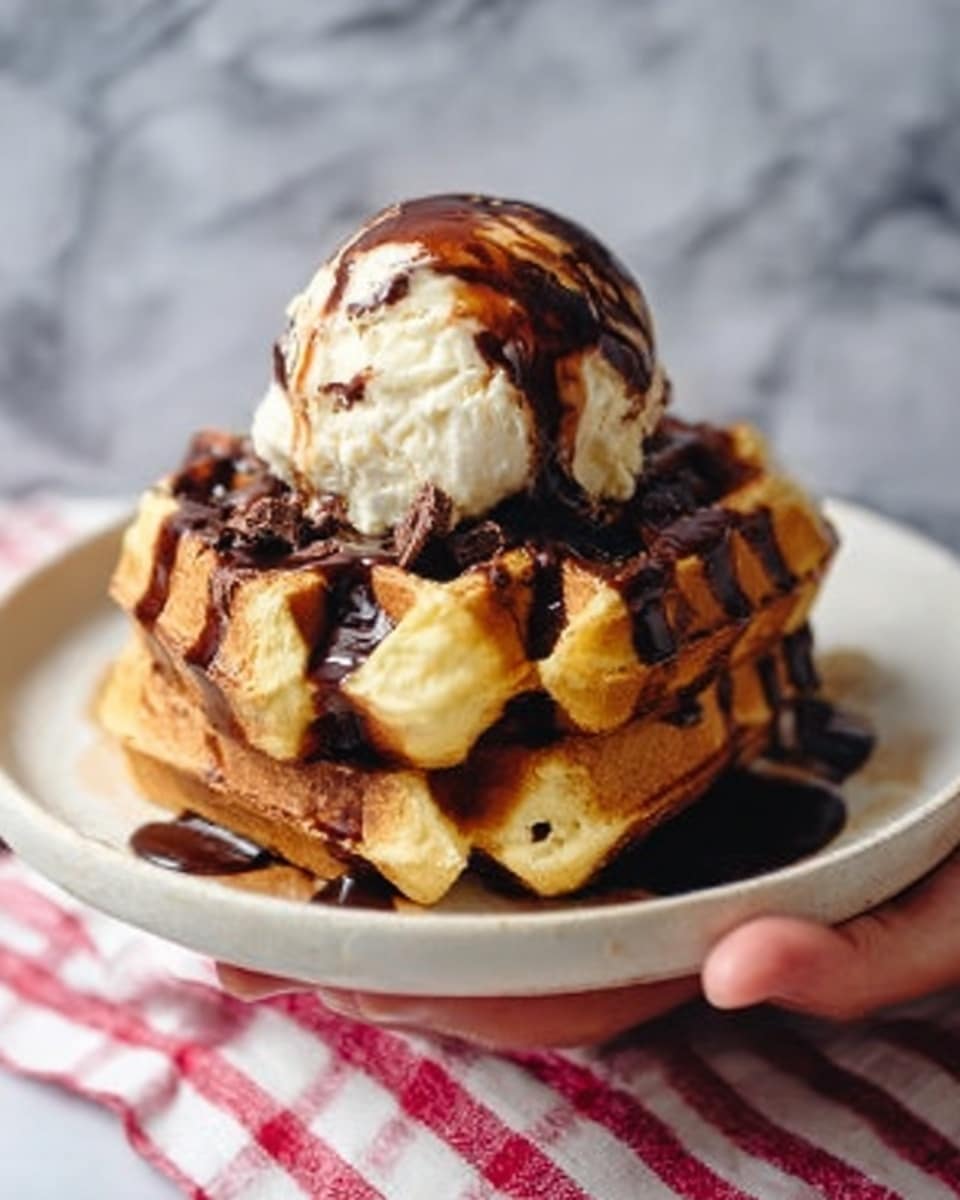 A stack of three thick golden brown waffles sits on a white plate, each waffle layer showing a crispy texture with small holes. On top of the waffles, there is a big scoop of vanilla ice cream, smooth and creamy, covered with dark chocolate sauce that drips down the sides in glossy streams. A woman's hand is seen holding the plate from one side. The plate rests on a white marbled surface, with a red and white striped cloth underneath. photo taken with an iphone --ar 4:5 --v 7