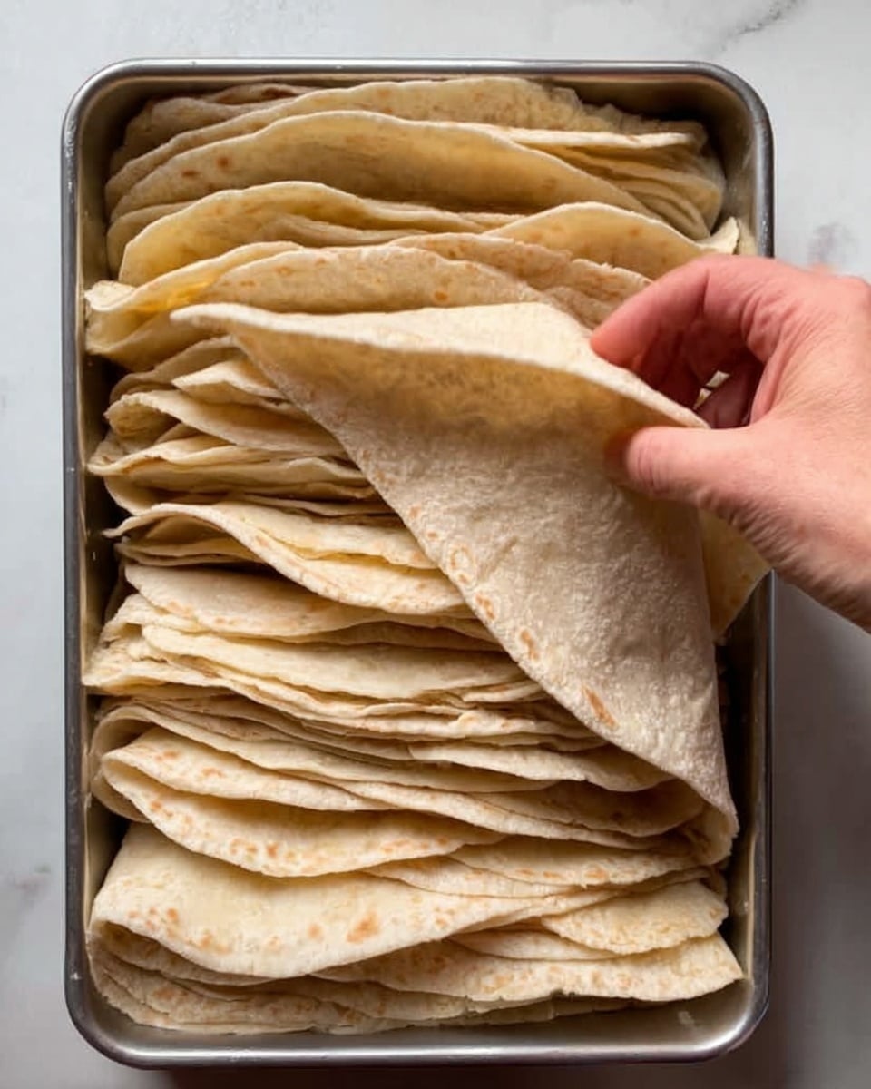 The image shows many folded flatbreads stacked vertically inside a metal tray. The flatbreads are light tan with a soft, slightly wrinkled texture, each folded into a triangular shape and arranged close together in rows. A woman's hand is seen at the top right corner, gently holding one of the flatbreads, lifting it slightly. The tray sits on a white marbled surface, creating a clean background. photo taken with an iphone --ar 4:5 --v 7