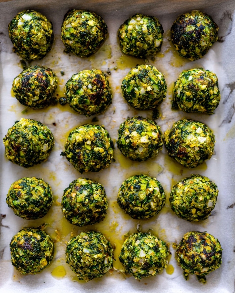 The image shows a baking tray lined with parchment paper filled with 20 round green vegetable balls. Each ball has a rough texture with visible small chunks of white and darker green bits, giving them a speckled look. The balls appear baked, with some parts showing slight browning and charring on the tops and sides, adding a mix of green, yellow, and brown colors. The vegetable balls are evenly spaced in five rows of four, resting directly on the parchment paper, which has some oil stains around the balls. The background has a white marbled texture. Photo taken with an iphone --ar 4:5 --v 7