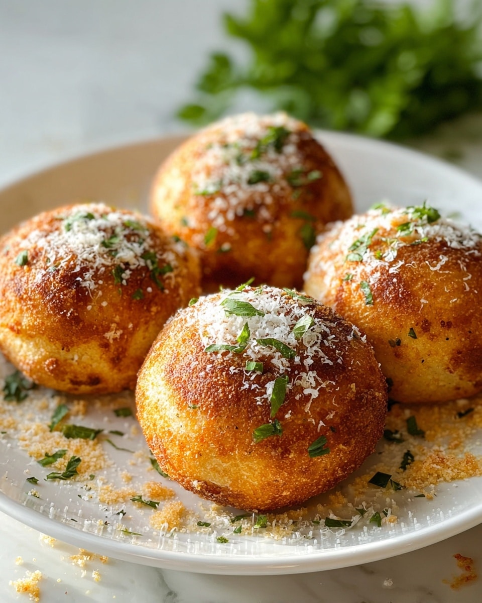 The image shows a white plate with five golden brown round bread balls, each topped with a light dusting of white grated cheese and small green herb leaves. The balls have a slightly textured crust with some darker brown spots, indicating they are baked or fried until crispy on the outside. Around the plate, there are scattered pieces of grated cheese and herbs on a white marbled surface. In the background, some green leafy parsley is slightly out of focus. photo taken with an iphone --ar 4:5 --v 7