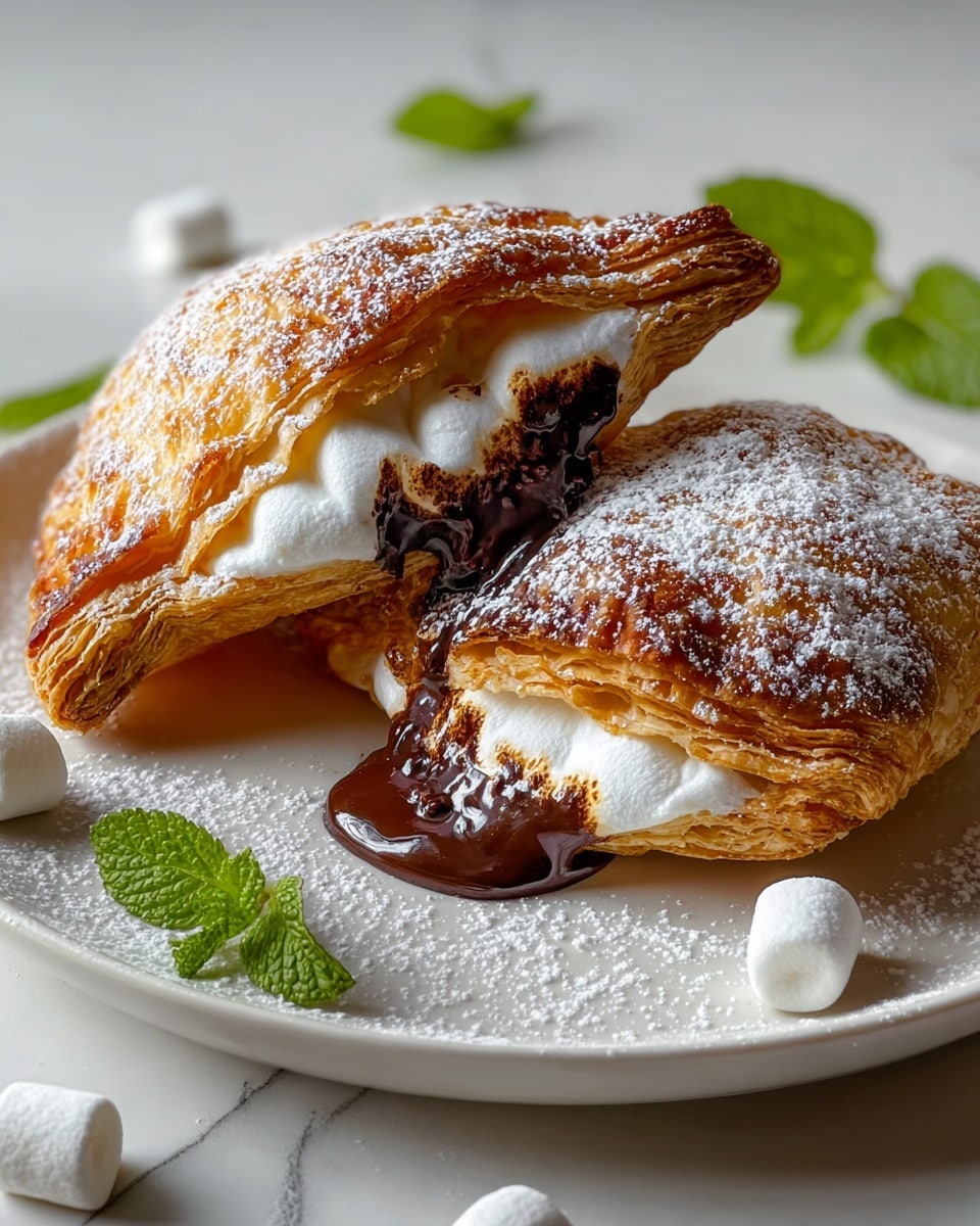 Two toasted golden brown folded pastries with flaky, layered crusts, each dusted with light powdered sugar and placed on a white plate over a white marbled surface. One pastry is whole at the bottom with melted chocolate and white marshmallow filling oozing out from the edges, while the other is half resting on top at an angle, showing thick, fluffy white marshmallow and a rich, dark chocolate layer inside. Around the pastries are scattered small white marshmallows and fresh green mint leaves for garnish. photo taken with an iphone --ar 4:5 --v 7