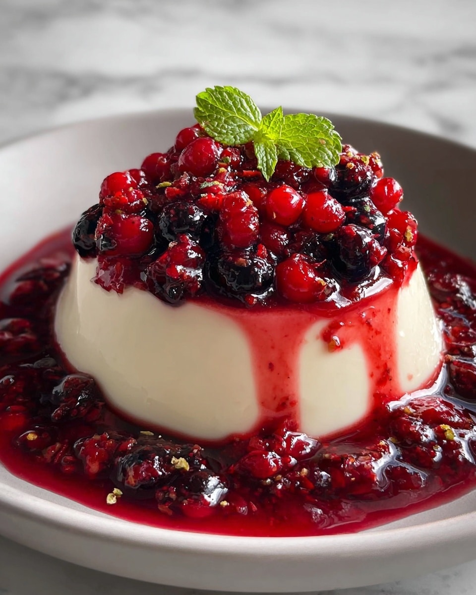 A smooth, creamy white panna cotta sits in the center of a white plate, topped with a bright mix of red berries dripping slightly down the sides. The berries are glossy and juicy, forming a thick red sauce that spreads around the panna cotta on the plate. A small green mint leaf garnish rests on top, adding a fresh pop of color. The background surface has a white marbled texture, making the dessert the clear focus of the image. photo taken with an iphone --ar 4:5 --v 7