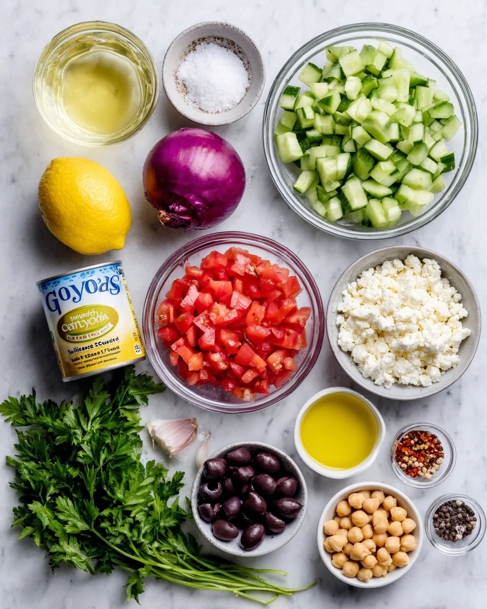 The image shows a white marbled surface with several small clear bowls and ingredients arranged neatly. At the top right is a bowl filled with chopped green cucumber pieces, while at the top left is a small glass filled with light yellow liquid. Next to the cucumber, a small white bowl with salt sits beside a halved purple onion and a whole yellow lemon. Below them, a medium bowl holds bright red diced tomatoes, and next to it is a can of Goya chickpeas with the lid removed. A small white bowl of yellow oil is placed near the bottom right corner, and beside it is a white bowl of crumbly white cheese. A pile of fresh green parsley with stems is at the left side, a small bowl of black olives is near the center, and two small piles of black pepper and red pepper flakes are in front of the olives. A woman's hand is reaching toward the parsley from the left. Photo taken with an iphone --ar 4:5 --v 7