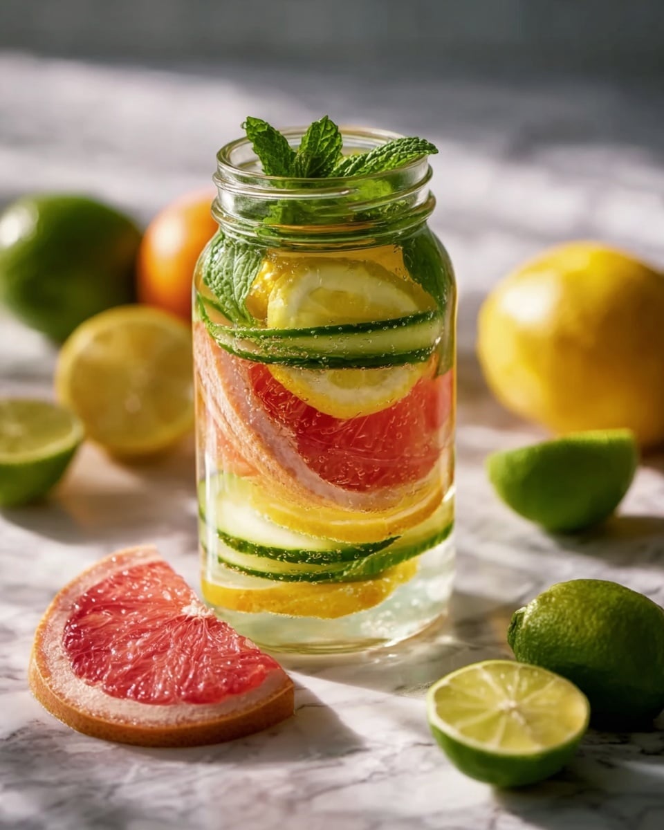 A clear glass jar sits on a white marbled surface, filled with layers of vibrant citrus slices and fresh green mint leaves. From top to bottom, the layers include bright green mint leaves at the top, followed by thin yellow lemon slices, pink grapefruit slices with a textured surface, more lemon slices, and additional green cucumber slices, all submerged in clear water. Around the jar, there is a chunk of pink grapefruit resting on the surface to the left, while whole and halved lemons and limes with green and yellow colors softly blur in the background. The light is soft and natural, highlighting the fresh colors and textures. Photo taken with an iphone --ar 4:5 --v 7