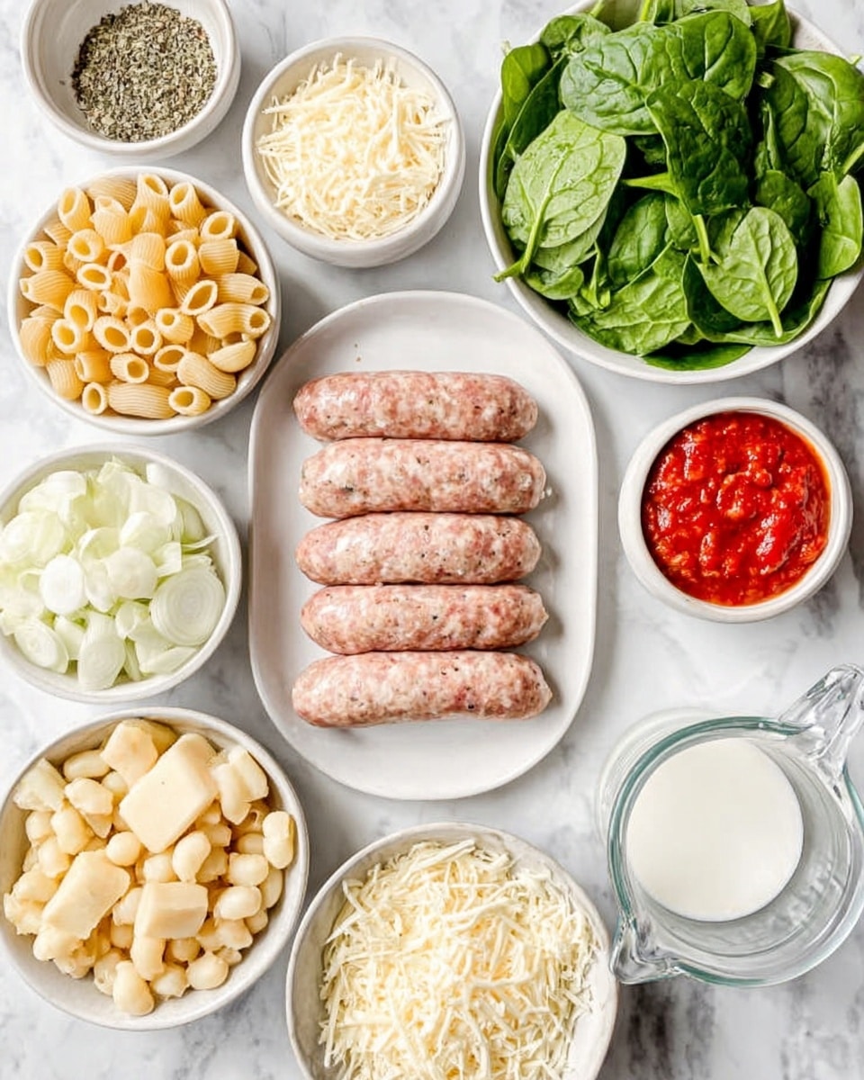 The image shows several white bowls and a white plate arranged on a white marbled surface. On the white plate, there are uncooked sausages with a light pink and speckled texture. Surrounding the plate, there are white bowls filled with fresh green spinach leaves, chopped white onions, and shredded white cheese. Another bowl contains small, pale yellow pasta pieces. There is also a piece of hard cheese wedge, and three small containers hold bright red tomato sauce, mixed pepper, and dry herbs. A clear measuring cup filled with a white liquid is also present. The overall look is fresh and organized, with the ingredients clearly separated. Photo taken with an iphone --ar 4:5 --v 7