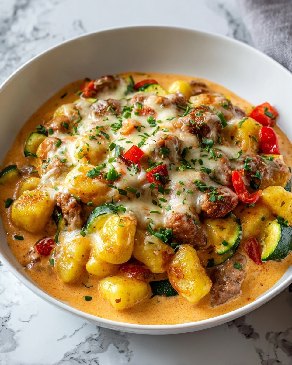 This dish is served in a white bowl filled with three main layers. The bottom layer is a creamy orange sauce that looks smooth and rich. On top of the sauce are golden yellow gnocchi pieces with a slightly crisp surface. Mixed with the gnocchi are slices of browned sausage, bright green zucchini chunks, and small red bell pepper pieces. The whole dish is topped with melted cheese that has a light golden brown color and is sprinkled with finely chopped green herbs for a fresh look. The bowl sits on a white marbled surface. Photo taken with an iphone --ar 4:5 --v 7