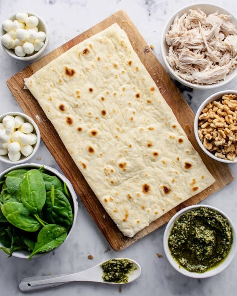 The image shows a rectangular flat bread with a light beige color and small brown spots placed on a wooden board. Around the bread, there are small white bowls holding different ingredients: one bowl has white mini mozzarella balls, another has cooked shredded chicken, a third bowl contains crumbly light brown nuts, and there is a bowl with fresh, bright green spinach leaves. In front of the bread, there is a small white dish filled with dark green pesto and a white spoon resting beside it. All items are on a white marbled surface. Photo taken with an iphone --ar 4:5 --v 7