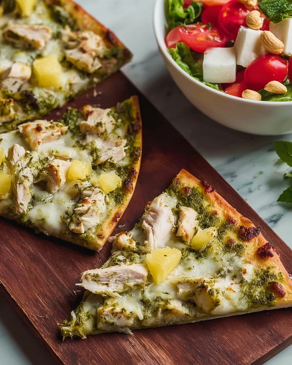 The image shows three triangular slices of pizza placed on a dark wooden board. Each slice has a thin crust topped with a green pesto sauce layer, melted white cheese, chunks of light brown chicken scattered on top, and small pieces of yellow pineapple. The texture of the cheese looks smooth and slightly melted, while the pesto sauce is spread unevenly in green patches. In the background to the right, there is a white bowl with a fresh salad made of red tomato slices, white cheese pieces, cashews, and a green herb garnish, all sitting on a white marbled surface. Photo taken with an iphone --ar 4:5 --v 7