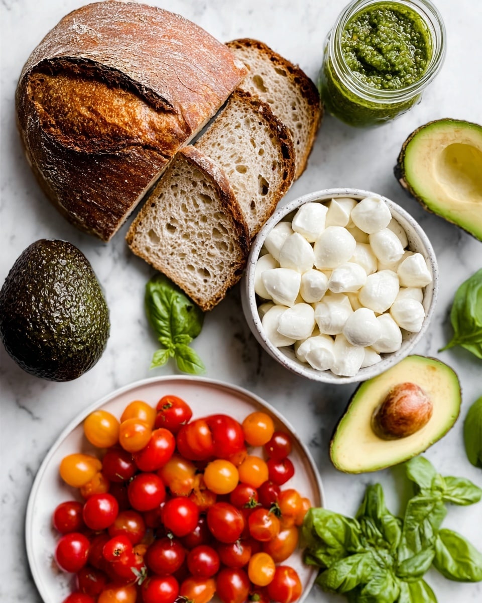 The image shows a white plate with a pile of small red and orange cherry tomatoes on the lower left side. To the right, there is a white bowl filled with small white mozzarella balls. Below the bowl, a dark green avocado is halved with its pit showing, and another whole avocado lies beside it. Above the bowl, fresh green basil leaves spread out on the white marbled surface. On the upper left, a round loaf of rustic bread with a crispy brown crust is placed next to three thick slices of the same bread stacked slightly on top of each other. A small glass jar with green sauce sits in the top right corner. Photo taken with an iphone --ar 4:5 --v 7