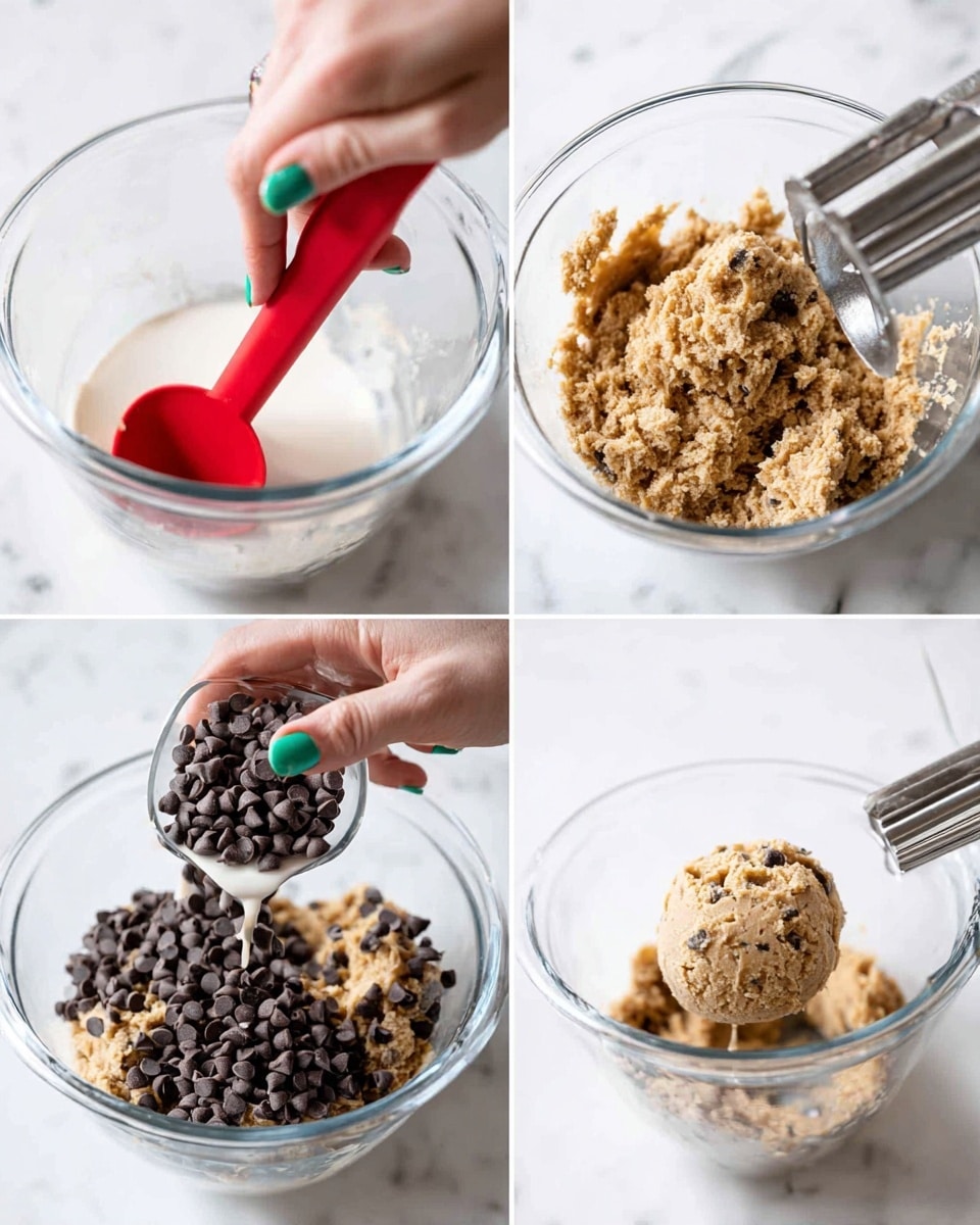 The image shows four close-up frames of cookie dough being made in a clear glass mixing bowl on a white marbled surface. The top left frame shows a woman's hand with green nail polish holding a red measuring spoon pouring a white liquid into light brown dough. The top right frame displays the dough mixed into a crumbly texture inside the bowl with a metal beater. The bottom left frame features a woman's hand with green nail polish pouring dark brown mini chocolate chips from a white measuring cup into the dough. The bottom right frame presents the dough now mixed with chocolate chips, forming a smooth ball resting inside the clear glass bowl. photo taken with an iphone --ar 4:5 --v 7