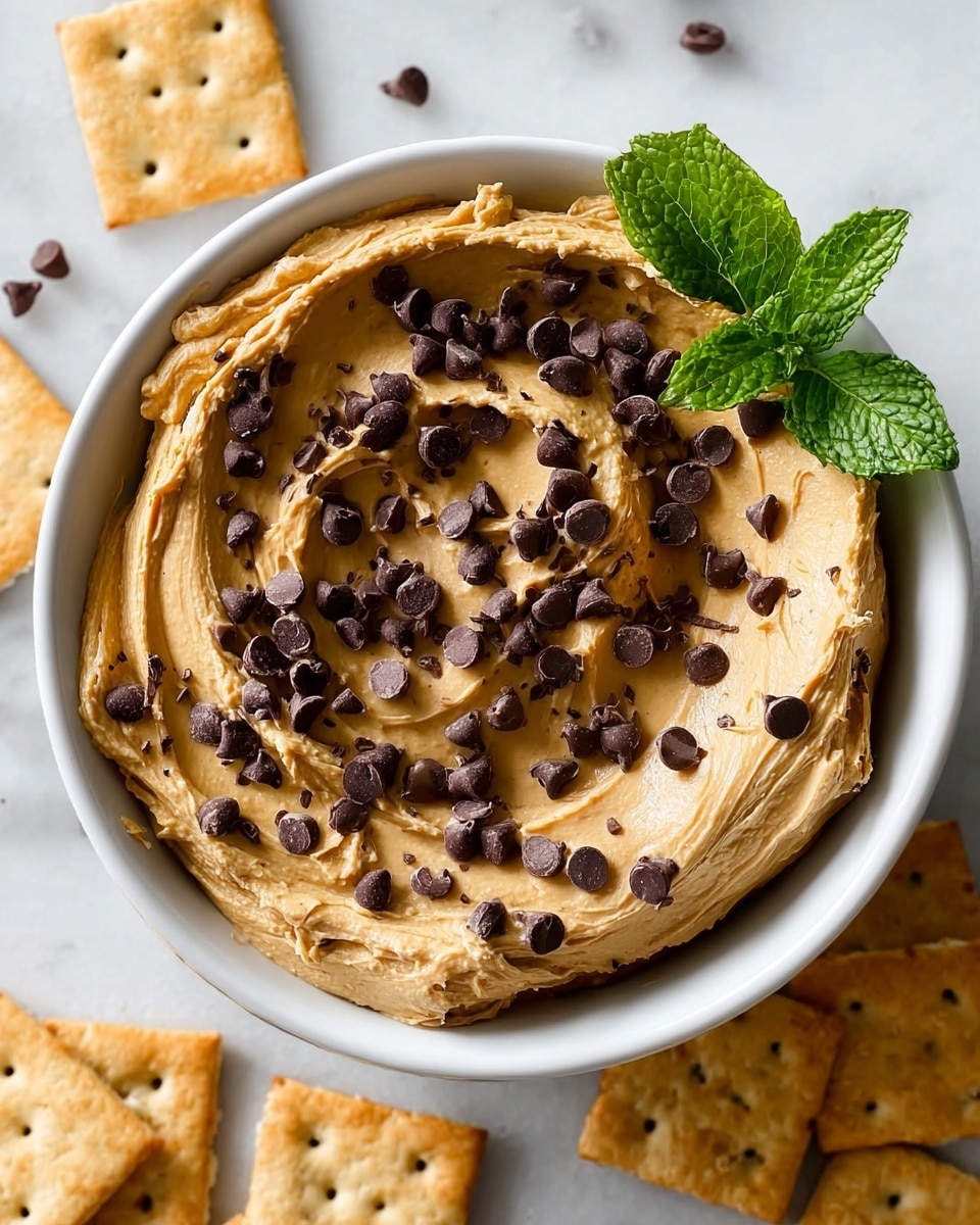 A white bowl filled with two layers: the bottom layer is smooth and creamy light brown peanut butter dip, swirled with texture and topped with small dark brown chocolate chips scattered all over and into the dip; a fresh green mint leaf garnish rests on the side of the bowl at the top right. Around the bowl, light brown square crackers with small holes and a rough texture are placed on a white marbled surface. Photo taken with an iphone --ar 4:5 --v 7