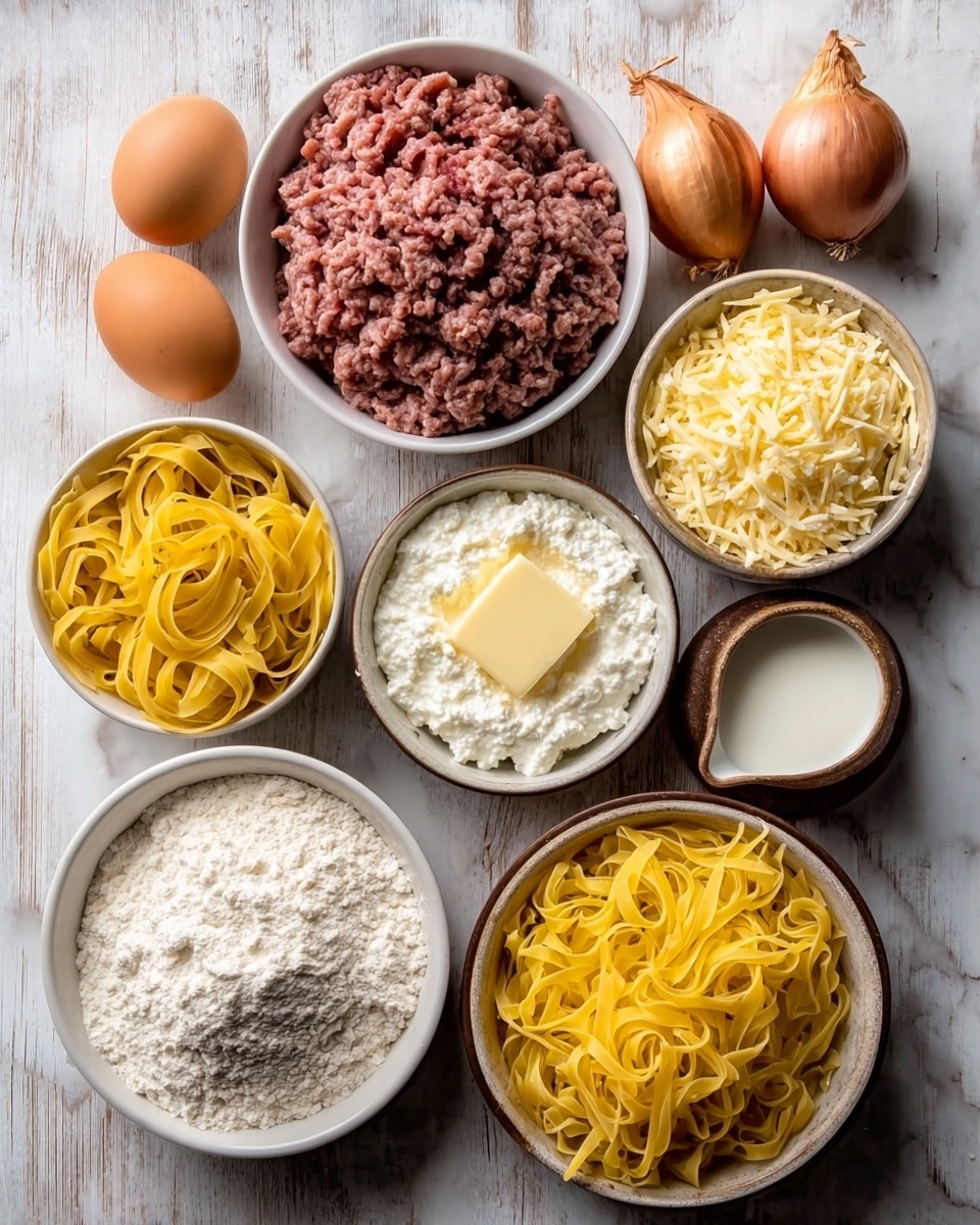 The image shows eight white bowls and two brown eggs arranged on a white marbled surface. The top left bowl contains raw ground meat, next to two whole onions on the right and shredded cheese in the top right bowl. In the center is a bowl of white ricotta cheese with a small piece of butter on top. Below that are two large eggs to the left, a bowl of yellow fresh pasta on the bottom left, and a bowl of white flour in the middle bottom. To the right of the flour bowl is a small pile of salt, and on the right side near the center is a bowl of bright yellow dry egg noodles. A small measuring cup with milk is also near the center-right, next to one of the onions. The arrangement is neat and the colors range from white to brown to yellow with natural textures of the ingredients visible. Photo taken with an iphone --ar 4:5 --v 7