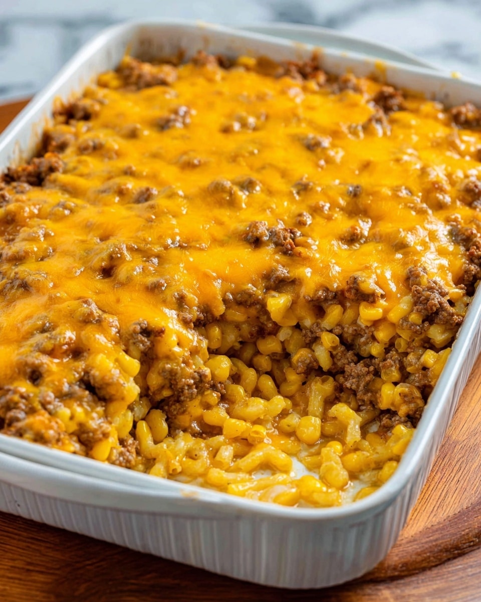 A white rectangular baking dish filled with a layered casserole. The bottom layer consists of bright yellow cooked corn kernels, topped with a thick layer of cooked ground beef mixed with small bits of vegetables. The top layer is covered with melted, golden-orange cheddar cheese that looks smooth and slightly browned in spots. The dish rests on a brown wooden surface with a white marbled texture background. Photo taken with an iphone --ar 4:5 --v 7