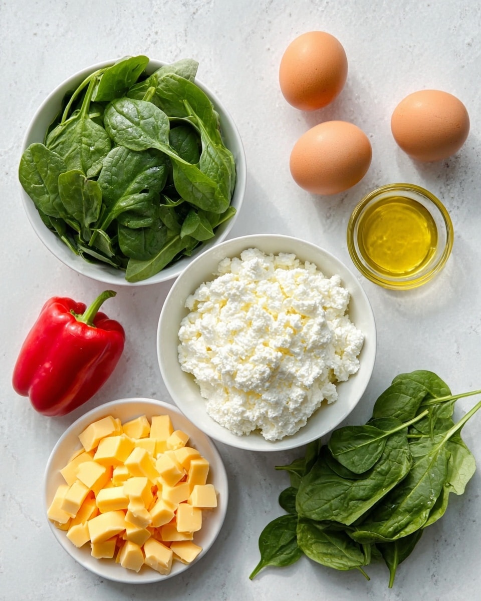 The image shows a white marbled surface with six food items arranged neatly. There are two brown eggs and a small red pepper placed at the top left corner. Below them, a white bowl full of fresh spinach leaves sits on the left side. In the middle, a white bowl is filled with white cottage cheese, showing a soft, crumbly texture. To the right of the bowl, a small pile of bright yellow cubed cheese is arranged. On the far right, fresh green spinach leaves are loosely stacked. A small glass bowl with light yellow olive oil is placed between the eggs and spinach on the upper row. Photo taken with an iphone --ar 4:5 --v 7