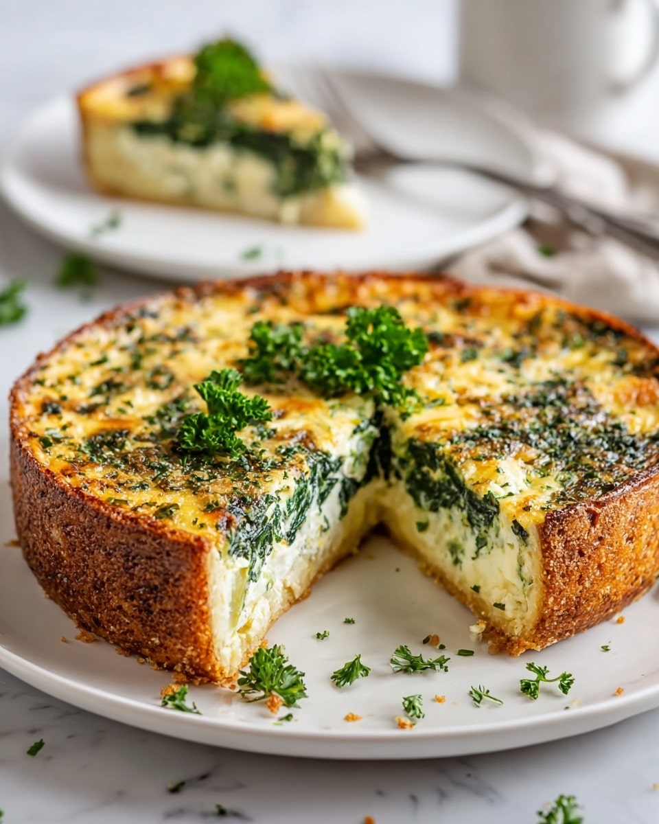 A thick round quiche on a white plate, with one slice removed showing three layers: a golden brown crispy crust on the outside, a creamy white egg layer in the middle with visible green spinach pieces mixed in, and a darker green leafy top layer with sprinkled herbs. The quiche surface has small browned spots and is garnished with fresh curly parsley sprigs on top. Bits of herbs are scattered on the white marbled surface near the plate. In the blurred background, a white plate with a slice of the quiche and a silver fork can be seen. photo taken with an iphone --ar 4:5 --v 7