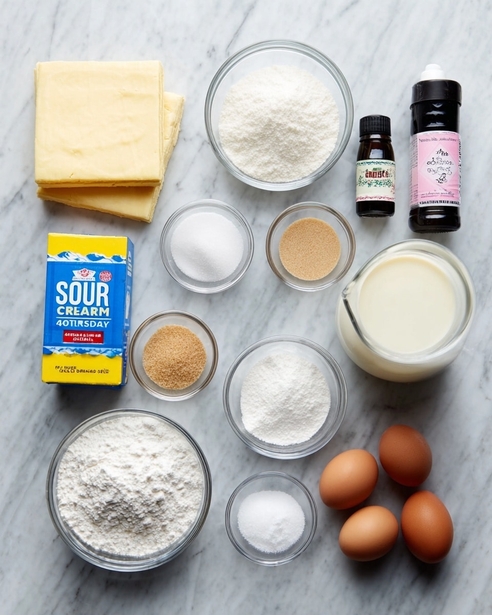 The image shows several small clear glass bowls and containers arranged neatly on a white marbled surface. There are three rectangular sheets of pale yellow dough stacked on the left. Around them are bowls filled with white granulated sugar, light brown sugar, and a small pile of white powdered substance. A small yellow and blue box labeled