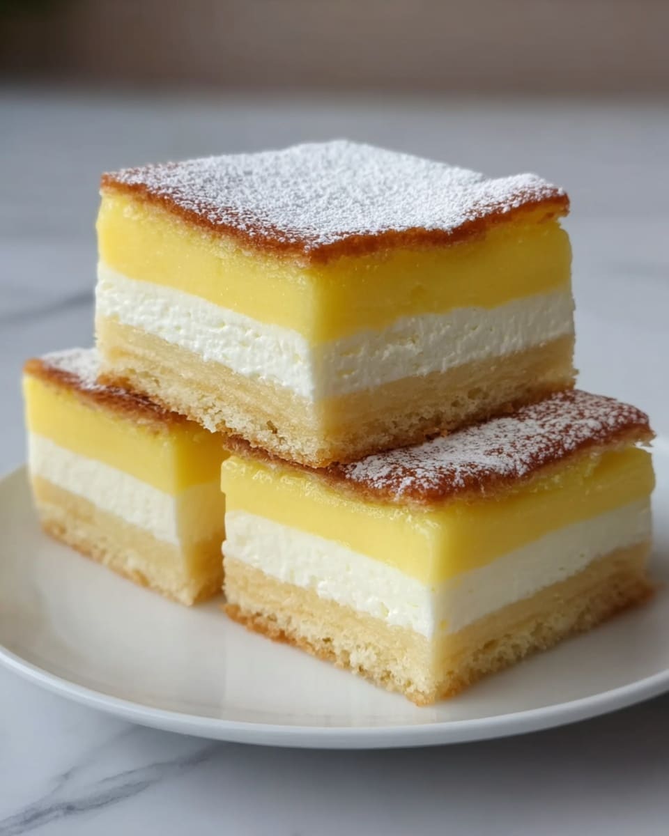 The image shows three square pieces of a layered dessert stacked on a white plate on a white marbled surface. Each piece has three layers: the bottom layer is a light golden crust with a firm texture, the middle layer is a smooth white cream, and the top layer is a thick yellow custard-like layer with a slightly browned and glossy surface dusted lightly with powdered sugar. The pieces are placed with one piece resting on top of the other two, showing clear and neat layers. Photo taken with an iphone --ar 4:5 --v 7