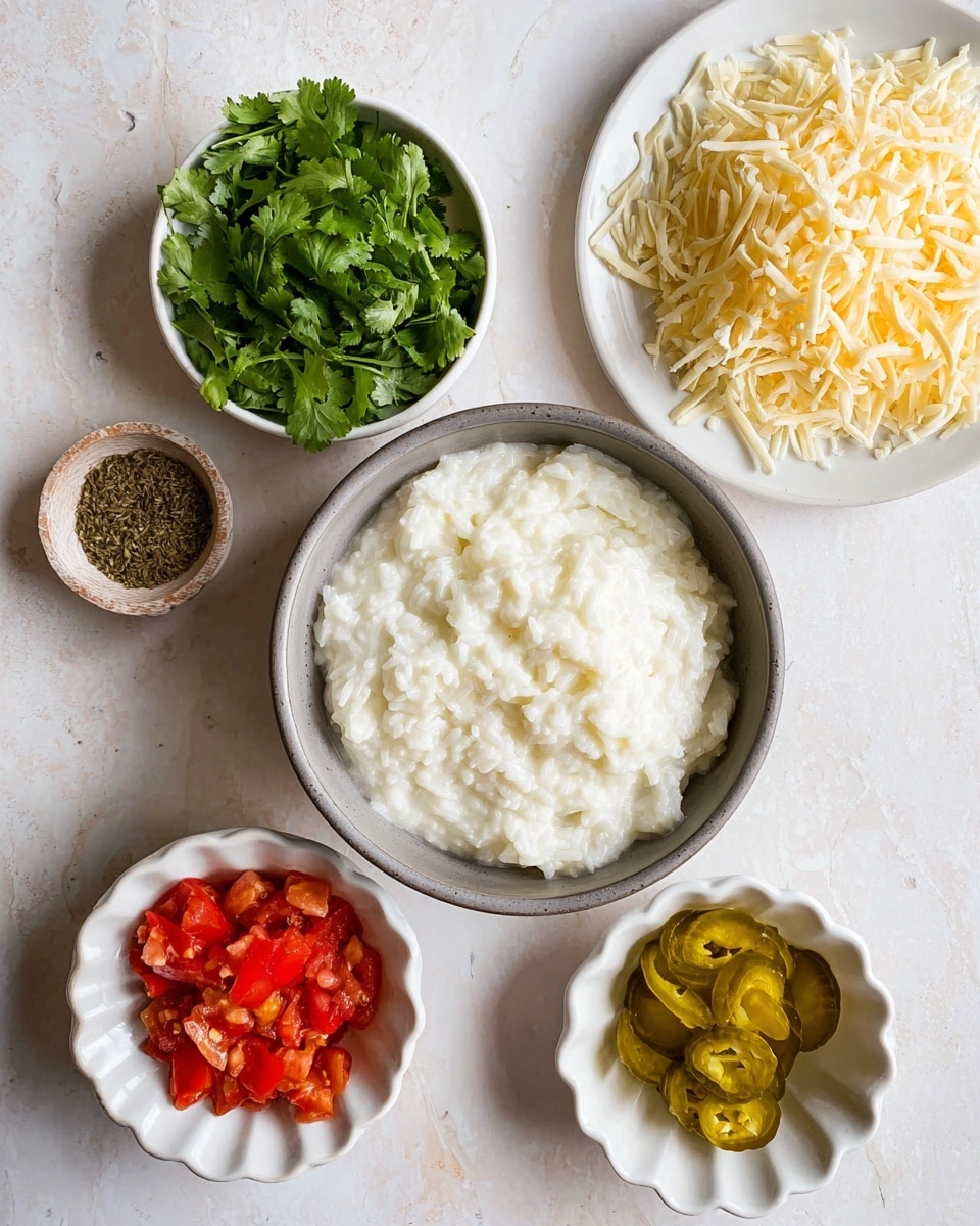 The image shows five containers of food ingredients arranged on a white marbled surface. In the center, there is a gray bowl filled with a thick, creamy white rice mixture. Above and to the left is a white bowl filled with bright green fresh cilantro leaves. To the right, there is a white plate covered with shredded pale yellow cheese. Below and to the left, a small white bowl holds chopped red tomatoes with some green bits. Finally, below and to the right, there is a small white scalloped bowl with slices of yellowish-green pickled jalapeños. All items are arranged neatly and are well-lit, with natural colors standing out clearly. Photo taken with an iphone --ar 4:5 --v 7