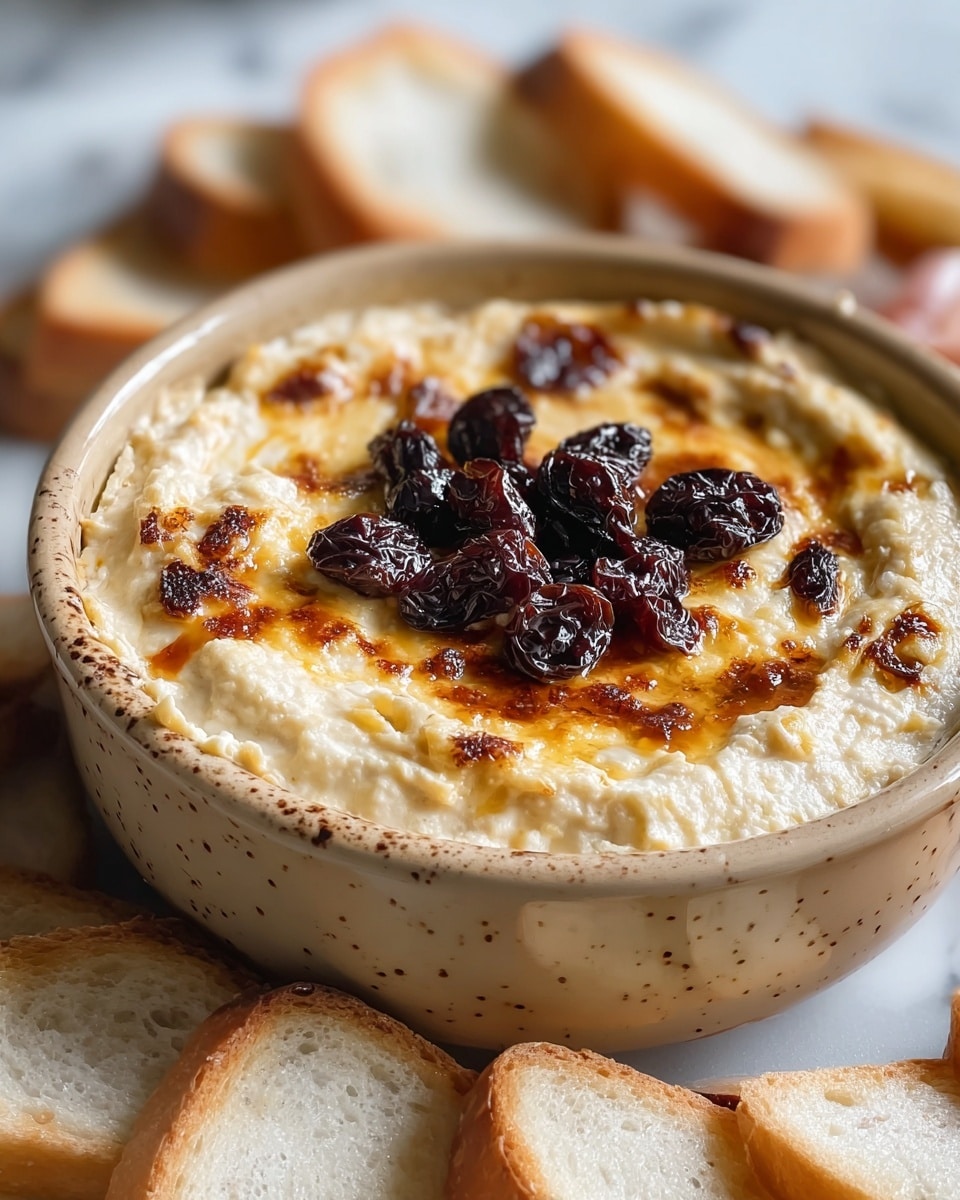 The image shows a close-up of a creamy, slightly browned dip in a light beige bowl with brown speckles, placed on a white marbled surface. The dip has a slightly bubbly, melted texture on top with golden brown spots and is garnished with a cluster of dark, shiny dried berries or raisins in the center. Surrounding the bowl are several pieces of crisp, toasted bread slices with a light golden crust and white, soft interiors. In the background, a woman's hand is gently holding the edge of the bowl. photo taken with an iphone --ar 4:5 --v 7
