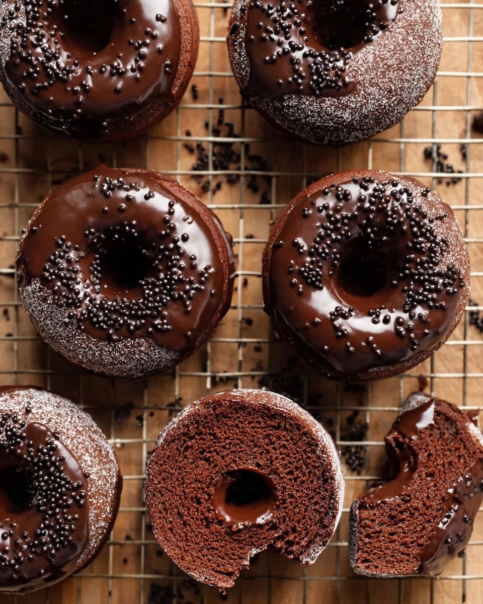 The image shows seven chocolate donuts arranged on a wire rack over a wooden surface. Each donut has three layers: the base layer is dark brown and soft with a porous texture, the middle layer is a light dusting of white sugar coating the sides, and the top layer is a shiny, smooth, dark chocolate glaze with small black chocolate sprinkles scattered on top. One donut has a bite taken out, revealing the soft chocolate inside, and a broken piece rests nearby. The overall look is rich and inviting with a focus on texture contrast between the sugar coating and the glossy chocolate top. photo taken with an iphone --ar 4:5 --v 7