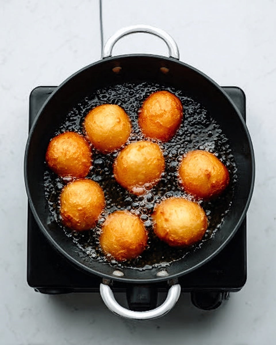 A black frying pan on a white marbled surface holds eight round, golden-brown fried dough balls cooking in dark oil. The dough balls are evenly spread out inside the pan, showing a crispy texture with some bubbles on the surface. The pan has white handles on both sides and sits centered on a white electric stove. photo taken with an iphone --ar 4:5 --v 7