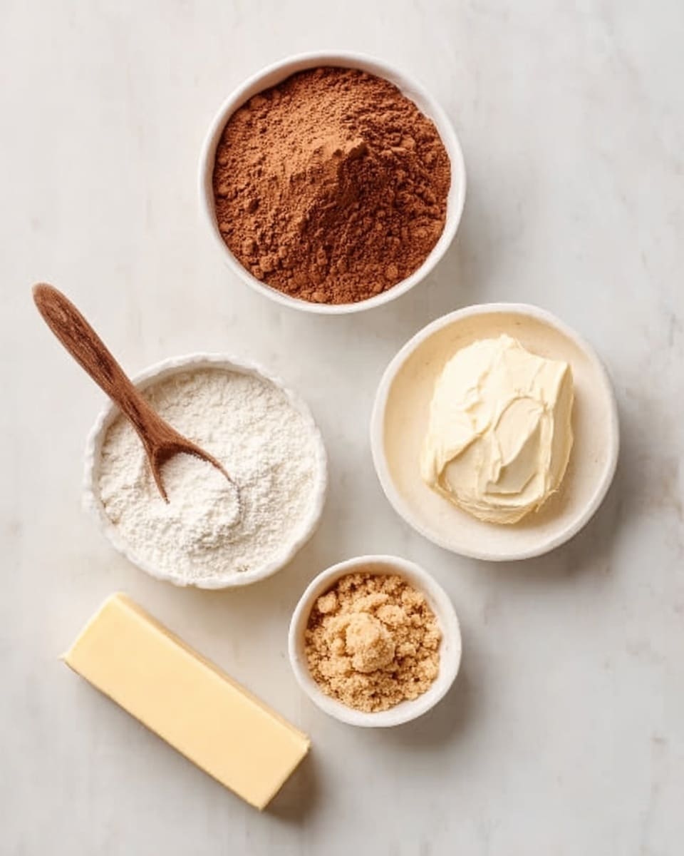 The image shows four white bowls arranged neatly on a white marbled surface. The top left bowl is filled with a rich brown powder, slightly uneven in texture. To its right, a smaller bowl contains a smooth, white creamy substance. Below these, a larger bowl with a white powder is seen, with a small wooden spoon resting inside. Next to it, a smaller bowl holds a light brown, crumbly substance. A stick of butter lies diagonally across the white marbled surface near the bowls. photo taken with an iphone --ar 4:5 --v 7