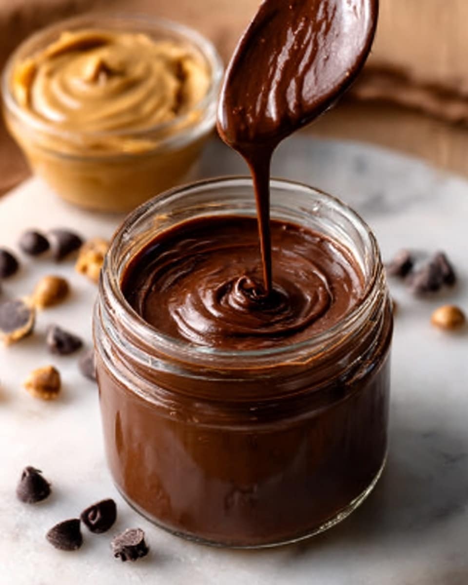 A clear glass jar filled with thick, dark brown chocolate sauce is shown from above. The sauce is smooth and shiny, with a rich texture, and it is being poured into the jar in a steady stream from above, creating a small pile of folded layers inside. The jar sits on a white marbled surface, adding light contrast to the deep chocolate color. The jar’s round shape and clear glass reveal the creamy chocolate inside clearly. photo taken with an iphone --ar 4:5 --v 7