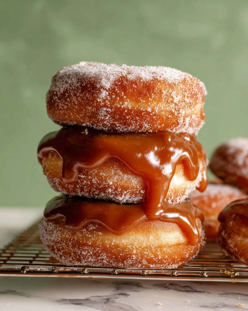 A sugar-coated donut held by a woman's hand with a pink-painted nail is shown close-up. The donut is covered with a thick, shiny caramel glaze on top, dripping slightly off the side. The donut's surface is golden brown, textured with a light, fine sugar coating. The background is a simple, smooth green color. photo taken with an iphone --ar 4:5 --v 7