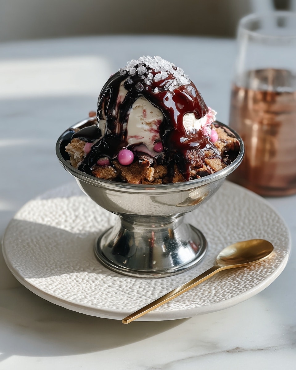 A shiny metal dessert cup holds a layered dish with a base of brown, crumbly cookie pieces mixed with small pink candy-coated chocolates. On top is a scoop of white ice cream that is partly covered with thick, dark chocolate sauce flowing down the sides. The chocolate sauce is sprinkled with large white salt crystals. The dessert cup stands on a white textured ceramic plate, with a thin gold spoon resting beside it. The whole scene is set on a white marbled surface with soft natural light highlighting the textures and colors of the dessert. Photo taken with an iphone --ar 4:5 --v 7