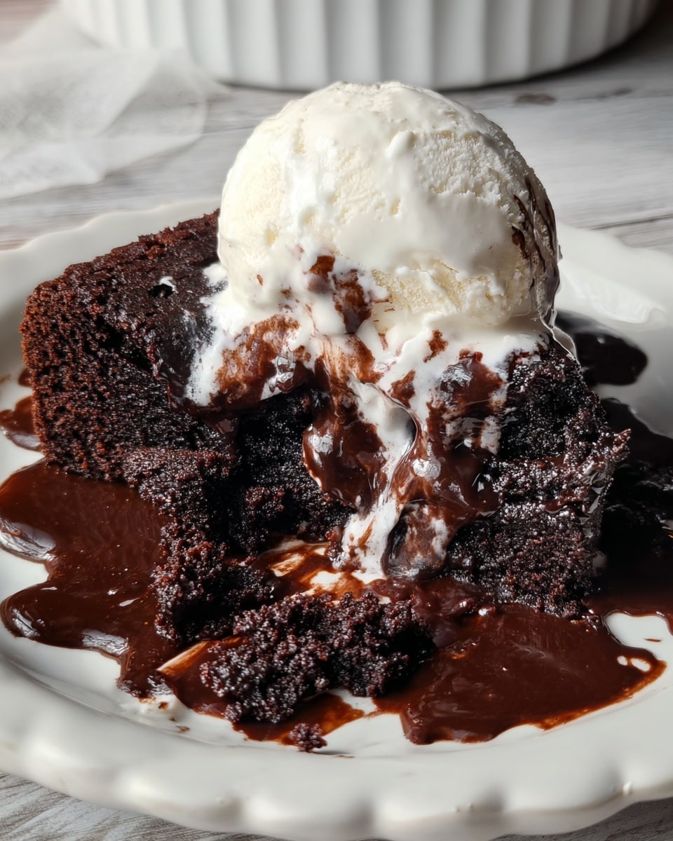 A slice of rich, dark chocolate cake sits on a white plate with a scalloped edge. The cake looks moist and dense, with a thick layer of shiny chocolate sauce drizzled on and around it, pooling on the plate. On top of the cake is a melting scoop of creamy white ice cream, with parts blending into the chocolate sauce below. The texture of the cake is crumbly where a piece has been taken, and the contrast between the dark cake and the white ice cream is striking. The surface underneath is a white marbled texture, and part of a white container can be seen in the background. photo taken with an iphone --ar 4:5 --v 7