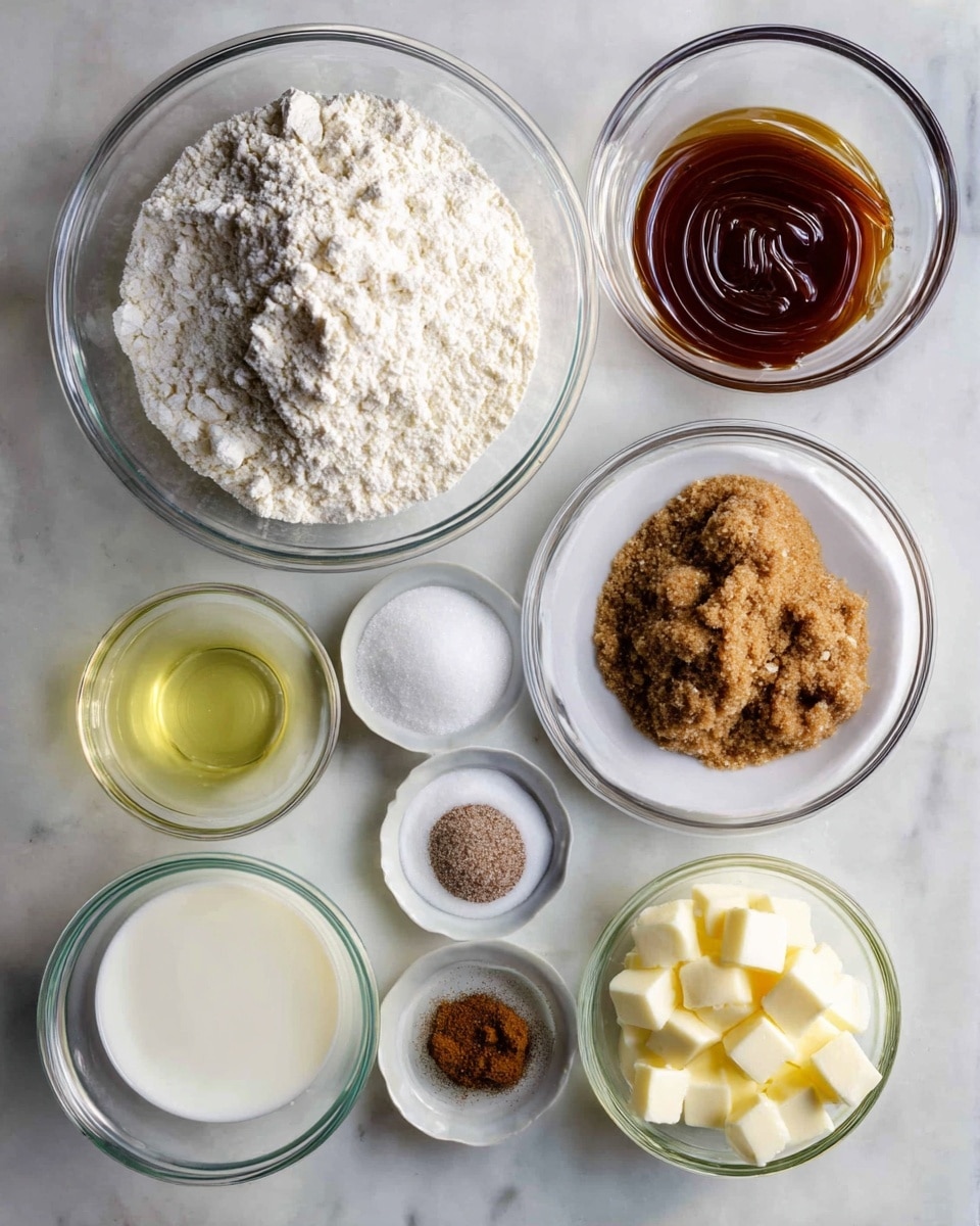 The image shows eight clear glass bowls arranged on a white marbled surface. The center bowl is the largest, filled with white flour that has a slightly cracked surface. Moving clockwise from the top, the next bowl contains thick dark brown syrup with a smooth, swirled texture. To the right is a bowl with packed light to dark brown sugar, grainy and uneven on top. Below is a white plate holding four smaller piles of spices and salt with a small bowl of clear liquid in the center. Further down is a small bowl of white granulated sugar. To the left is a small bowl filled with a light yellow liquid, possibly oil. Above that, a tiny bowl contains white milk with a smooth surface. The last bowl at the top left has small diced pale yellow cubes, likely butter. Everything is neatly placed and well lit, showing clear textures and colors on a white marbled surface photo taken with an iphone --ar 4:5 --v 7