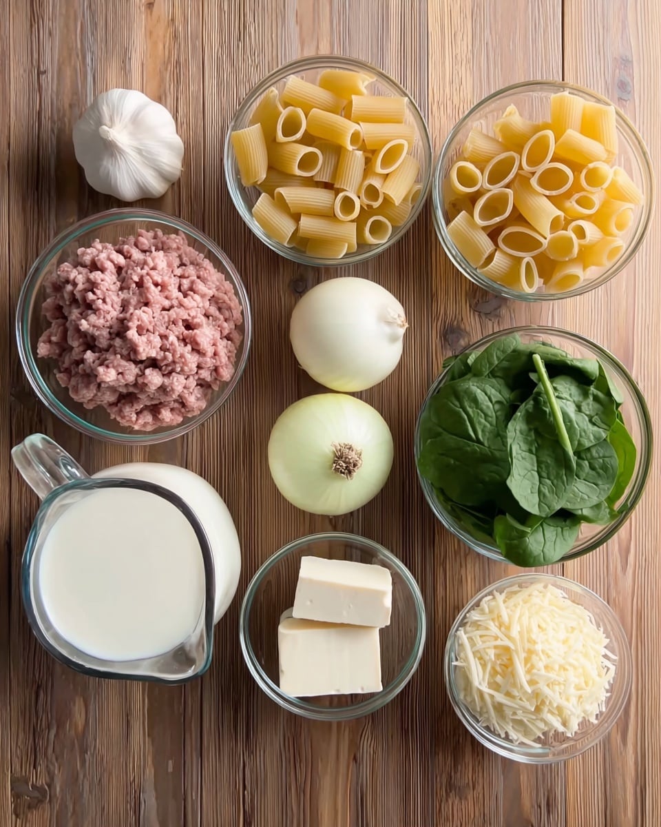 The image shows various raw ingredients placed in clear glass bowls on a wooden surface. In the top row from left to right, there is a whole garlic bulb in a small bowl, large tubular pasta pieces in a bigger bowl, ground meat in another bowl with a pinkish color, and fresh green spinach leaves in a bowl. In the middle are two whole onions — one white and one slightly larger — and a small garlic clove in the center. The bottom row has a measuring jug filled with milk on the left, a bowl with a white creamy ball, a block of white cheese in the center, a small bowl with two pieces of butter, and a bowl of shredded white cheese on the right. The setup is neat and visually simple with all ingredients visible. Photo taken with an iphone --ar 4:5 --v 7