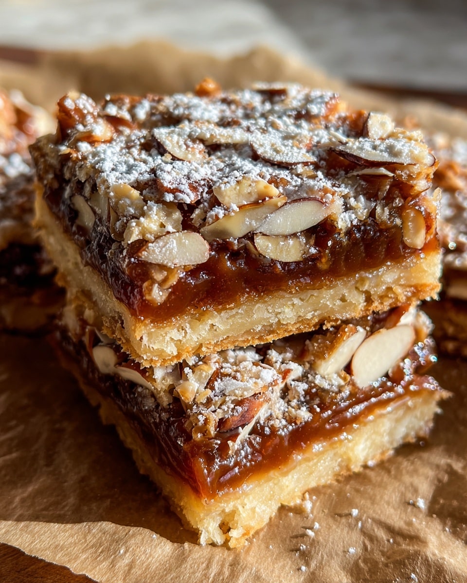 The image shows a close-up of two stacked almond bars on brown parchment paper, with a white marbled surface faintly visible beneath. Each bar has three main layers: the bottom layer is a light golden, crumbly pastry base; the middle layer is a glossy, thick caramel with a deep amber color; the top layer is a crunchy mixture of sliced and chopped almonds, some toasted to a light brown, all covered with a dusting of fine powdered sugar. The bars have a slightly shiny texture where the caramel oozes out between the layers, and the edges of the pastry are crisp and textured. The warm natural light casts soft shadows, enhancing the texture and glossiness of the caramel. Photo taken with an iphone --ar 4:5 --v 7