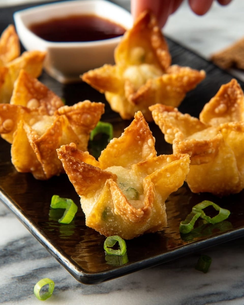 The image shows small golden brown fried wontons shaped like little flowers with four crispy pointed petals, placed on a black rectangular plate. The wontons have a shiny, slightly oily texture with a crispy surface that looks crunchy. Around the plate are small pieces of green chopped scallions scattered. In the background, there is a small white bowl filled with dark red dipping sauce. The scene is set on a white marbled surface, and a woman's hand is visible gently holding one of the wontons from the top left corner. photo taken with an iphone --ar 4:5 --v 7