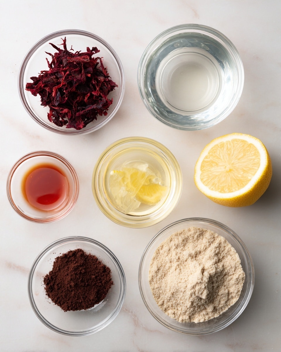 Six small clear glass bowls and a lemon half are arranged on a white marbled surface. The top left bowl holds dark red shredded dried flower petals, the top right bowl is filled with clear liquid. Below that, the middle left bowl contains a reddish-brown liquid, while the middle right bowl holds a pale yellow liquid with a slice of lemon inside. At the bottom left is a dark brown coarse powder, and the largest bowl at the bottom right is filled with a light beige powder. A lemon half with pale yellow flesh is placed next to the middle right bowl. Photo taken with an iphone --ar 4:5 --v 7