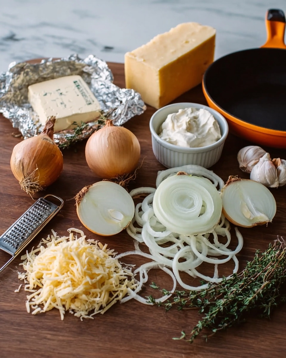 The image shows a wooden table with fresh ingredients neatly arranged. There are whole golden onions, one cut in half to show its layers, and a pile of thin white onion rings in front. Next to them is a small heap of shredded pale yellow cheese. To the left, a block of smooth white cream cheese lies partially unwrapped in foil, with two garlic cloves nearby. Behind these, a large yellowish block of hard cheese stands with some crumbles next to a small grater. Some green thyme sprigs are placed on the table for garnish. On the right, a black skillet with an orange handle sits empty, and behind it, a small white bowl holds a dollop of thick white cream. The whole setup rests on a white marbled surface, photo taken with an iphone --ar 4:5 --v 7