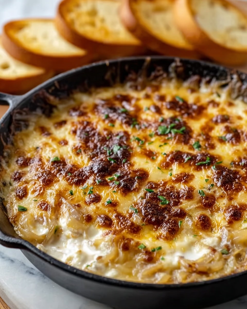 This image shows a black skillet filled with a baked dish that has a top layer of melted golden brown cheese with some darker brown spots, sprinkled with green herbs. Underneath the cheese layer, there are visible layers of white creamy ingredients mixed with translucent caramelized onions. The dish looks rich and bubbly around the edges. In the background on a white marbled surface, there are round slices of toasted bread. The photo taken with an iphone --ar 4:5 --v 7
