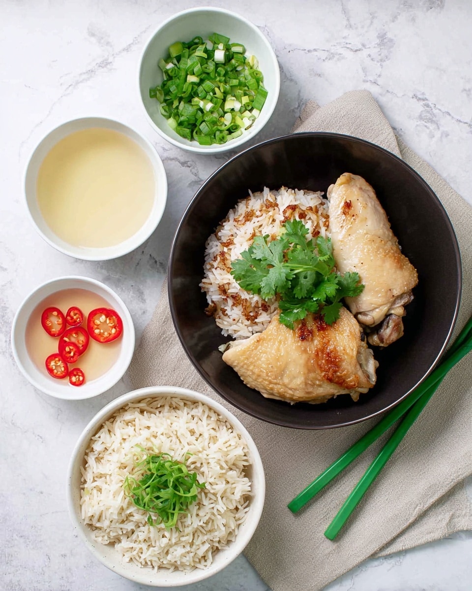 A round black bowl holds two light golden cooked chicken pieces arranged on the right side, with a mound of white rice mixed with bits of brown around the center-left, topped with bright green cilantro sprigs. To the right of the bowl are a pair of bright green chopsticks resting on the white marbled surface. Below the chicken bowl, a white bowl filled with white rice with brown bits inside is also garnished with cilantro on top. On the left side, three small white bowls rest on a beige cloth: the top bowl contains a pale yellow liquid, the middle bowl is filled with chopped bright green spring onions, and the bottom bowl holds a clear liquid with floating sliced red chili peppers. All items are set on a white marbled textured surface. Photo taken with an iphone --ar 4:5 --v 7