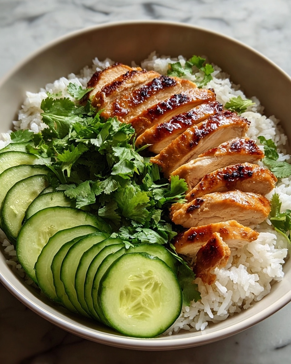 A large white bowl filled with a base layer of white steamed rice, fluffy and slightly separated. On top, there are slices of golden brown grilled chicken, arranged in one row on the right side, showing a shiny cooked texture with light caramelization. To the left of the chicken, there is a neat row of thin cucumber slices, light green with a fresh, moist texture. Bright green cilantro leaves are scattered on top of the chicken, adding a fresh touch. The bowl sits on a white marbled surface. Photo taken with an iphone --ar 4:5 --v 7