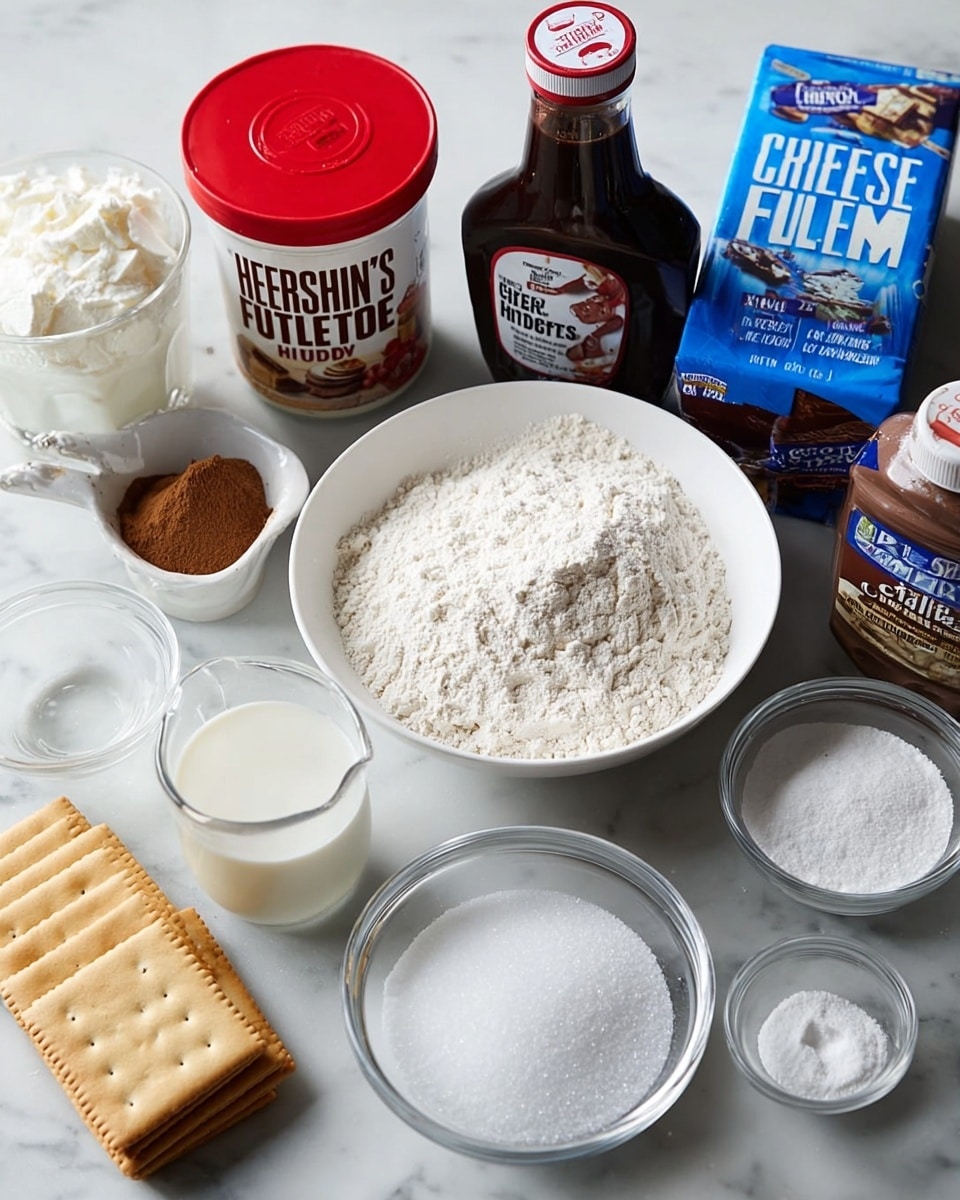 A white marbled surface holds an arrangement of baking ingredients including a large white bowl filled with fine white flour in the center, a white bowl with granulated white sugar to its right, and smaller clear glass containers with water and salt nearby. A clear measuring cup with milk is placed on the left, while a container of marshmallow fluff and a jar of Hershey's hot fudge sauce sit behind the bowls. To the left, there is a container of ground cinnamon with a red lid, and on the right, a box of cream cheese and a tall bottle of pure vanilla extract complete the setup, along with two plain square crackers positioned near the back. The scene is softly lit, with all items clearly arranged on the clean white marbled background, photo taken with an iphone --ar 4:5 --v 7