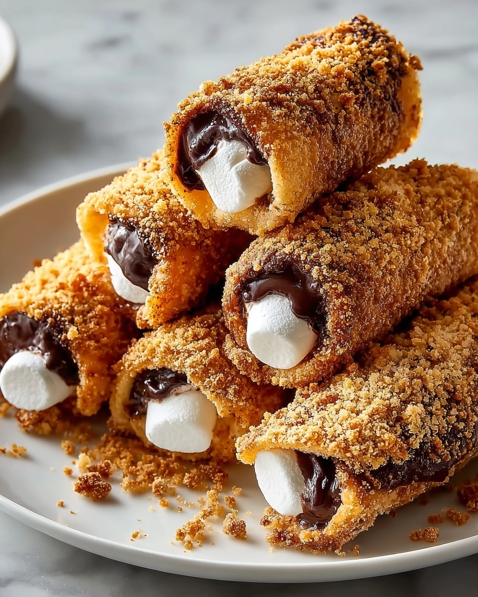 A white plate holds six rolled desserts stacked in two layers; the bottom layer has three rolls and the top layer has three rolls placed on top. Each roll has a golden brown crispy shell with a rough, crumbly texture covered by small crushed crumbs. Inside each roll, there is a visible thick dark chocolate layer hugging a soft white marshmallow center that peeks out of the open ends. Crumbs are scattered around the rolls on the white marbled surface under the plate. The photo taken with an iphone --ar 4:5 --v 7