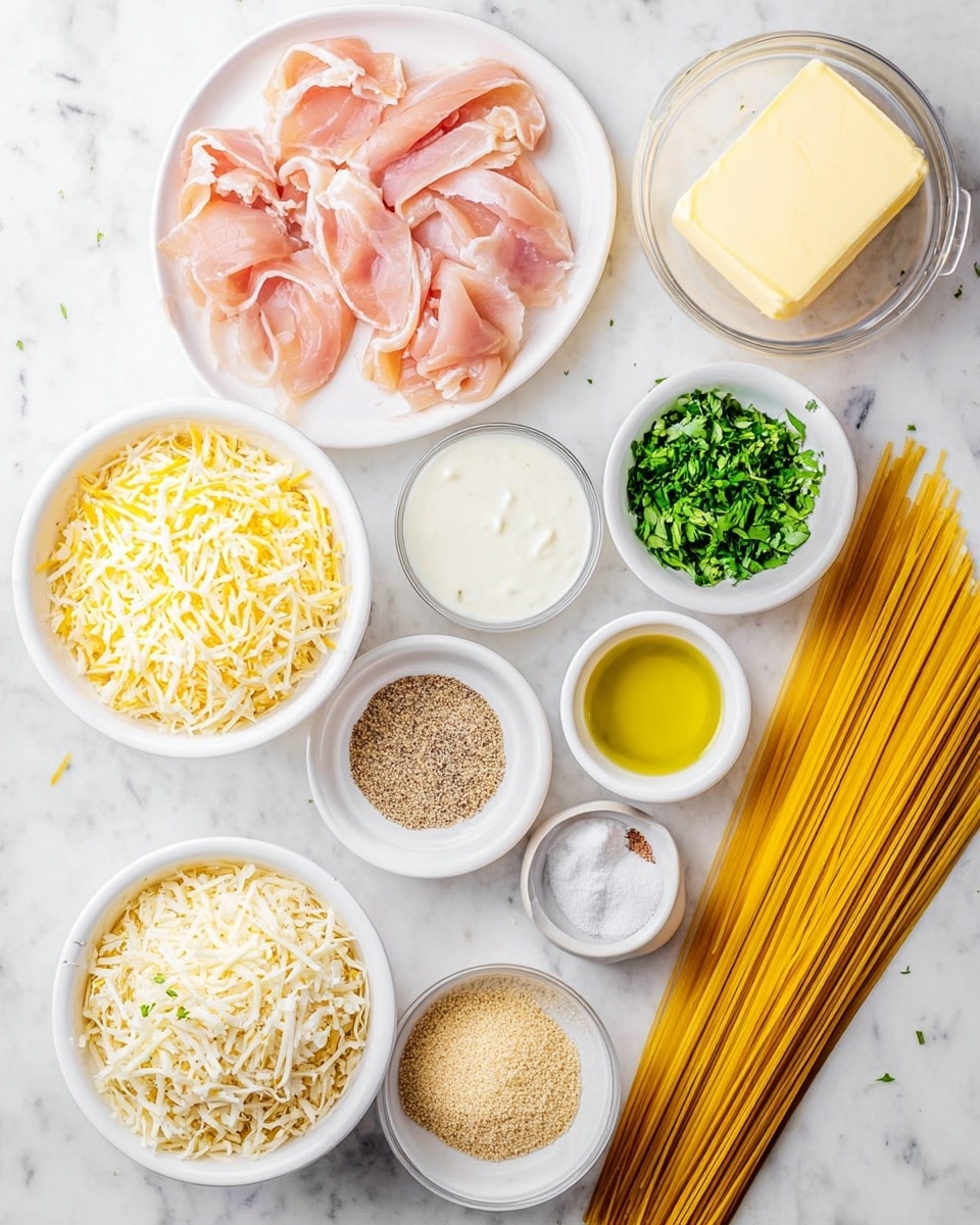A top view of ingredients arranged on a white marbled surface, featuring a white plate with several raw, pinkish thin chicken slices on the top left. Below and around it are various white bowls filled with shredded yellow and white cheese, small chunks of white cheese, bright green chopped herbs, a white bowl of cream, a round bowl with light beige breadcrumbs, small white bowls containing salt, black pepper, garlic powder, and another spice, and a bowl of golden olive oil. On the far right, there is a bundle of uncooked yellow spaghetti lying flat. At the top right corner, a clear glass dish holds a solid pale yellow stick of butter. photo taken with an iphone --ar 4:5 --v 7