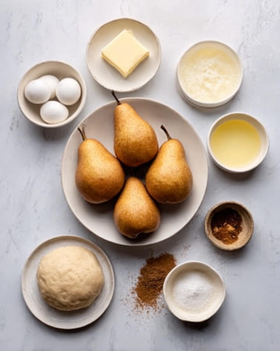The image shows a white bowl with four brown pears on a white marbled surface. Around the bowl, there are smaller white bowls and plates, each holding different ingredients: a round dough ball, three small white spheres, a light yellow liquid, a square piece of butter, a light yellow liquid in another bowl, a brown powder, and a plate with a few brown spices. The arrangement is neat, and the colors range from light yellow and white to brown with a soft texture on the dough and pears. The photo taken with an iphone --ar 4:5 --v 7