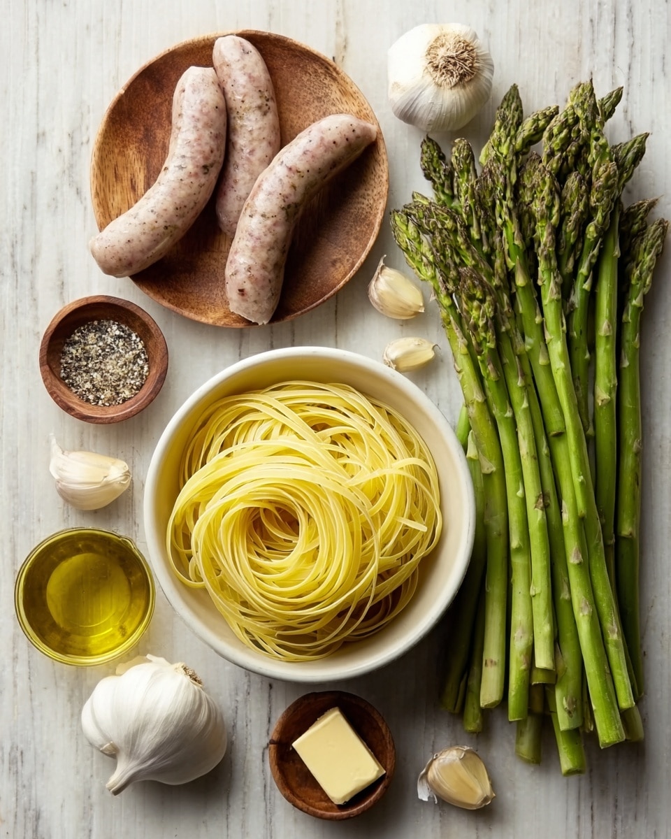 A white bowl filled with neatly coiled yellow pasta sits on a white marbled surface. Next to the bowl are three uncooked light brown sausages with visible seasoning, positioned diagonally. To the right, there is a tight bunch of fresh green asparagus spears standing upright. Surrounding these main items are small wooden bowls containing coarse salt, crushed black pepper, and olive oil. A whole garlic bulb and two loose garlic cloves are also placed nearby, along with a small square of butter. The scene is well-lit with natural light, giving a fresh and clean look. Photo taken with an iphone --ar 4:5 --v 7