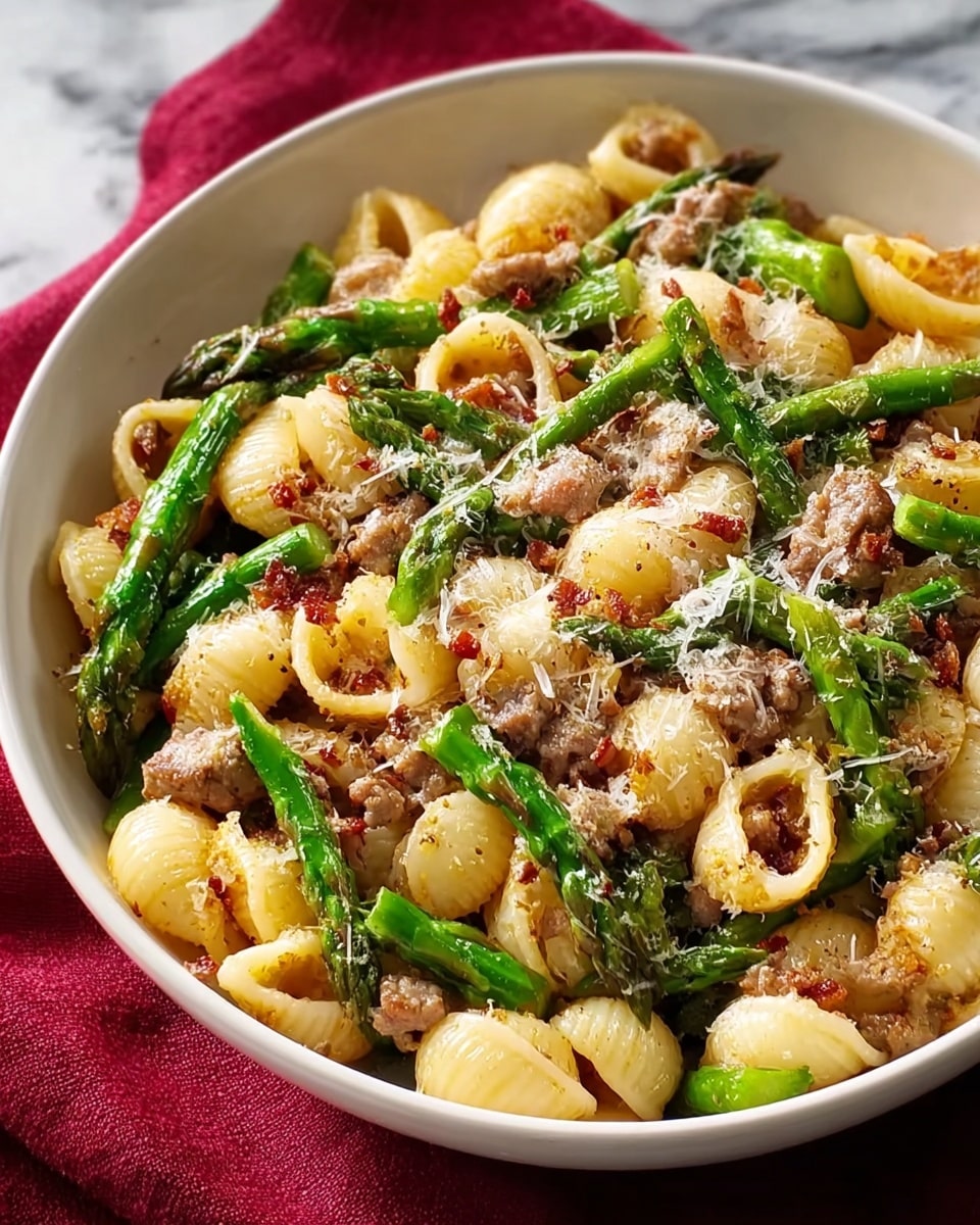 A white bowl filled with small round pasta shells mixed with bright green asparagus pieces and light brown cooked meat chunks. The pasta has a soft texture with some golden-brown spots showing where it was cooked well. On top, there is a light sprinkle of finely grated white cheese and small reddish bits. The bowl is placed on a red cloth with a white marbled surface in the background. photo taken with an iphone --ar 4:5 --v 7