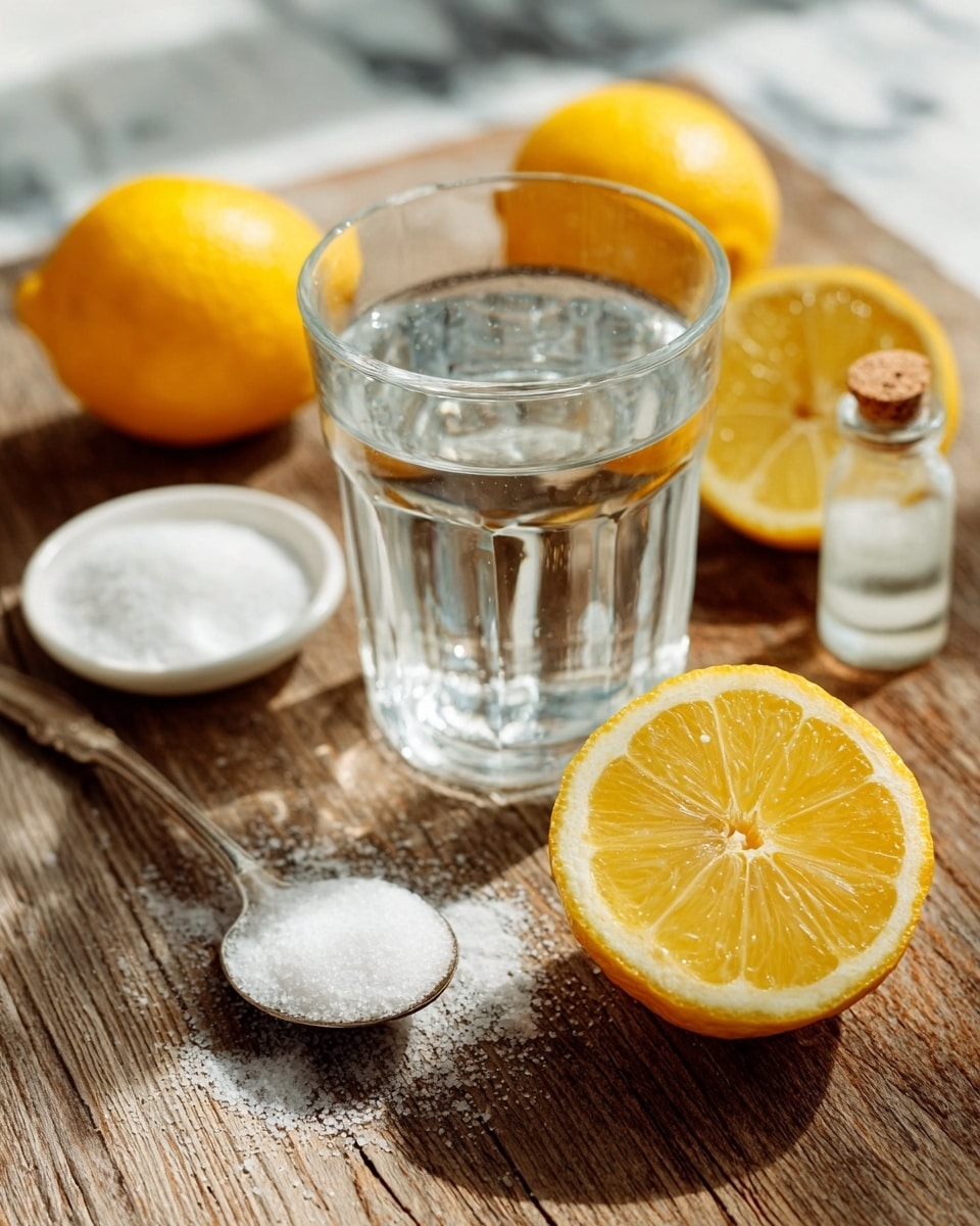 The image shows a clear glass filled with water placed on a wooden table. Around it, there are two whole lemons with yellow color and a quarter lemon piece with its juicy inner texture visible. Near the glass is a small white dish filled with salt, and a small bottle next to the glass. In the foreground, a spoon with some salt is lying on the wooden surface. The background surface has been changed to a white marbled texture. photo taken with an iphone --ar 4:5 --v 7