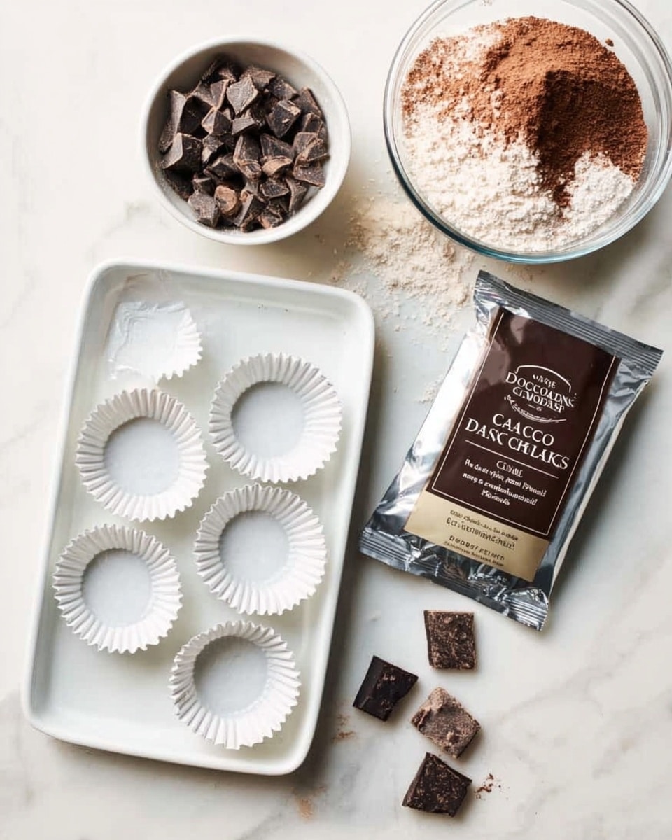 The image shows a top view of a white tray with six white paper cupcake liners neatly arranged inside it. To the top left of the tray is a small white bowl filled with dark chocolate chunks. Beside the bowl, there is an open package of dark chocolate chunks labeled