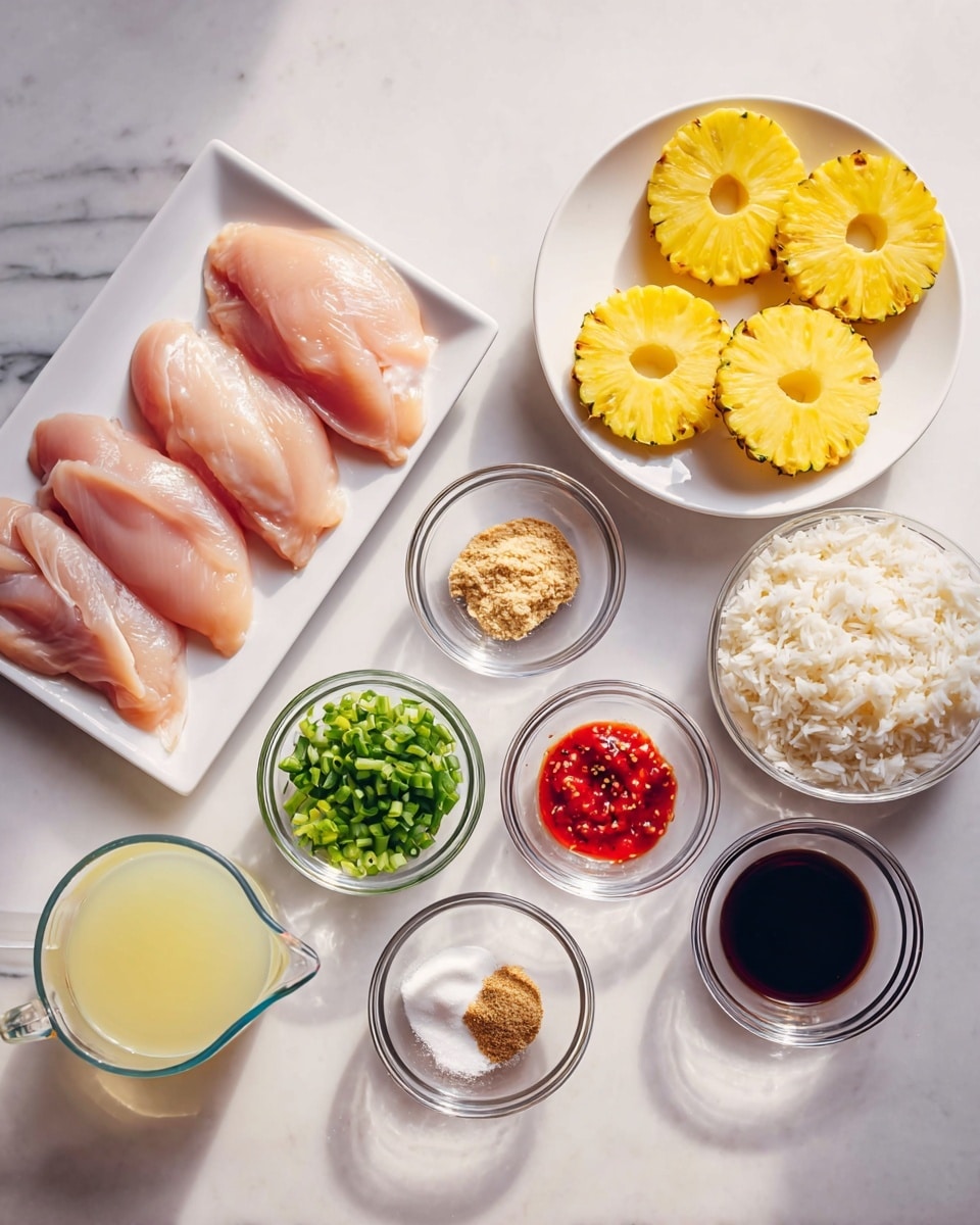 The image shows raw chicken fillets placed on a white rectangular plate on the left. Next to it, a white bowl holds three bright yellow pineapple rings. Around these, several small clear glass bowls contain different ingredients: light brown sugar, a small amount of ground spice, finely chopped garlic, cooked white rice, sliced green chili peppers, chopped green onions, some red sauce, a white powder, and a dark liquid sauce. There is also a clear glass measuring cup filled with light yellow liquid. All the dishes are displayed on a white marbled surface, with soft natural light highlighting the fresh and colorful ingredients photo taken with an iphone --ar 4:5 --v 7