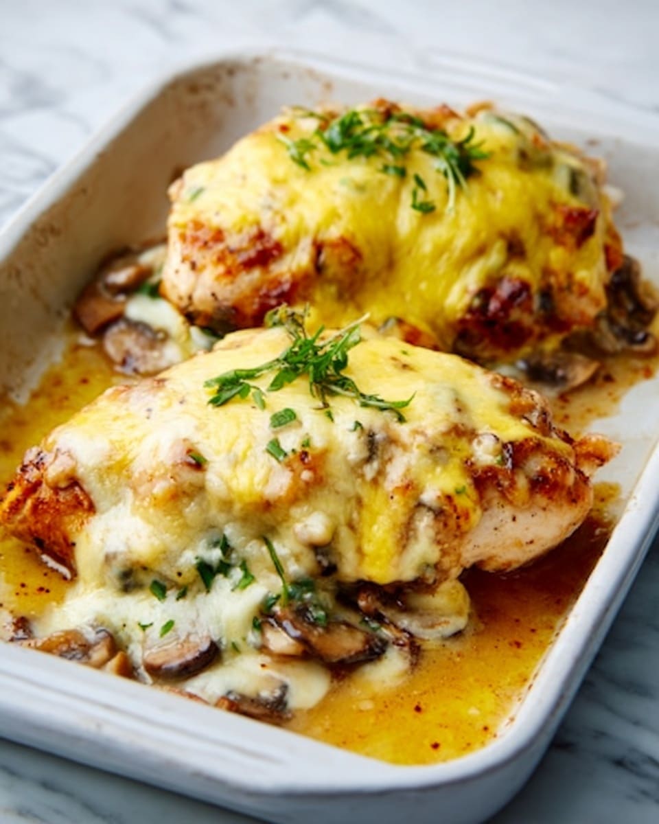 The image shows two slices of chicken topped with multiple layers of melted cheese and herbs. The chicken pieces are placed inside a light-colored dish with visible sauce underneath, and the cheese on top is golden brown with bubbly texture. Small green herb pieces are sprinkled over the cheese and around the dish, adding a fresh accent. The dish is set against a white marbled surface, with no other objects visible. Photo taken with an iphone --ar 4:5 --v 7