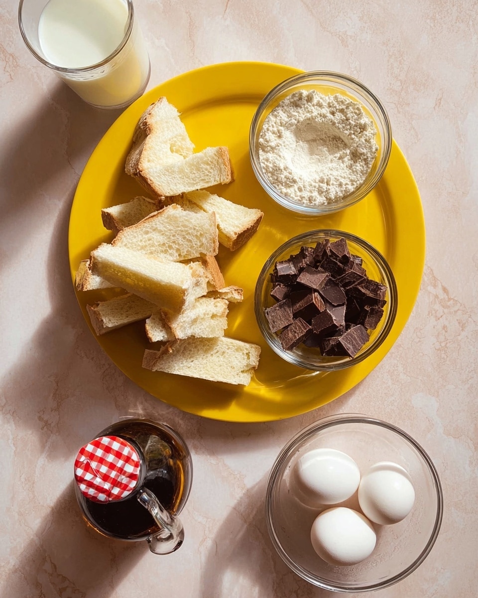 The image shows a white marbled surface with a bright yellow plate in the center. On the plate, there are three parts: one side has white bread pieces with light brown crusts stacked loosely, one glass bowl with fine white powder resembling flour, and another glass bowl filled with dark chocolate chunks. Outside the plate, there is a clear glass bowl with four white eggs to the right, a small tall glass bottle of dark syrup with a red and white checkered lid at the bottom, and a glass cup with white liquid at the top left. The light and colors create a fresh and simple cooking setup with clear detail. photo taken with an iphone --ar 4:5 --v 7